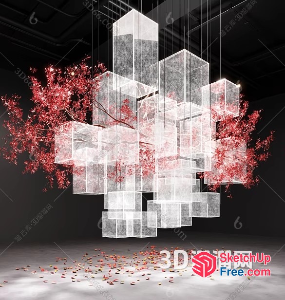 Modern Cherry Blossom Tree With Glass Block Chandelier 3D SketchUp File