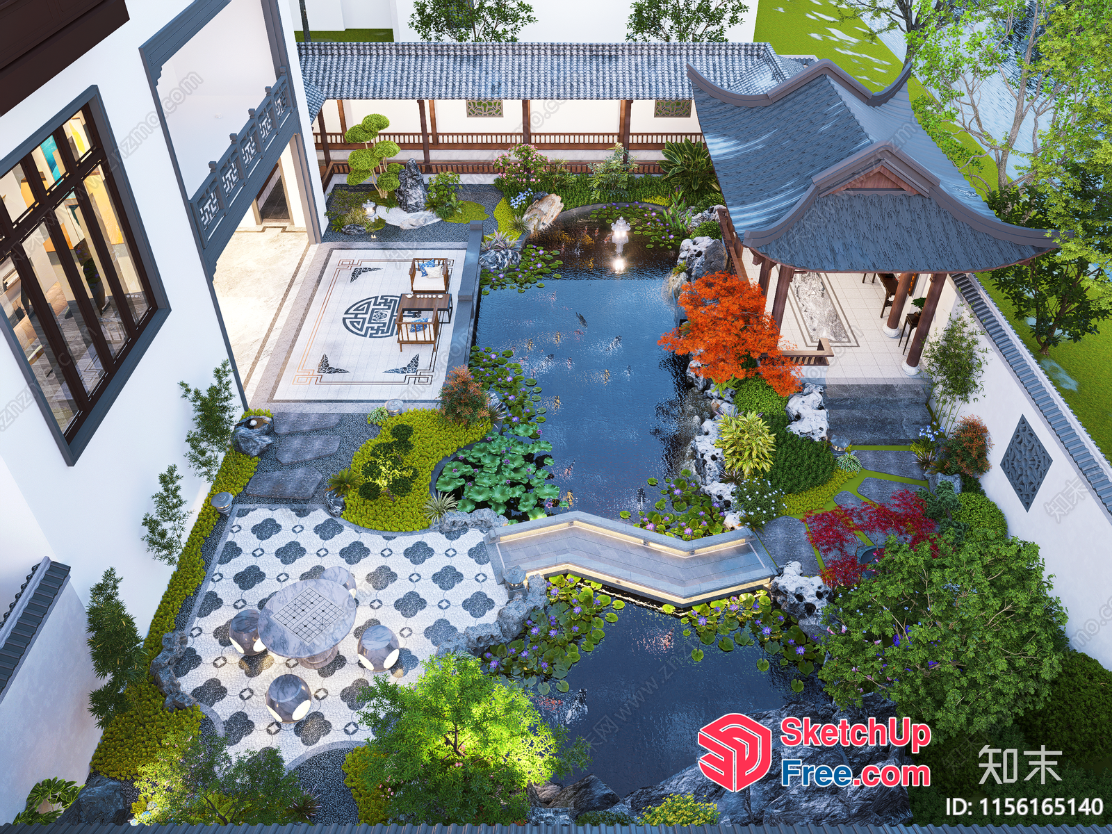 Serene Asian-Inspired Courtyard With Koi Pond 3D SketchUp File