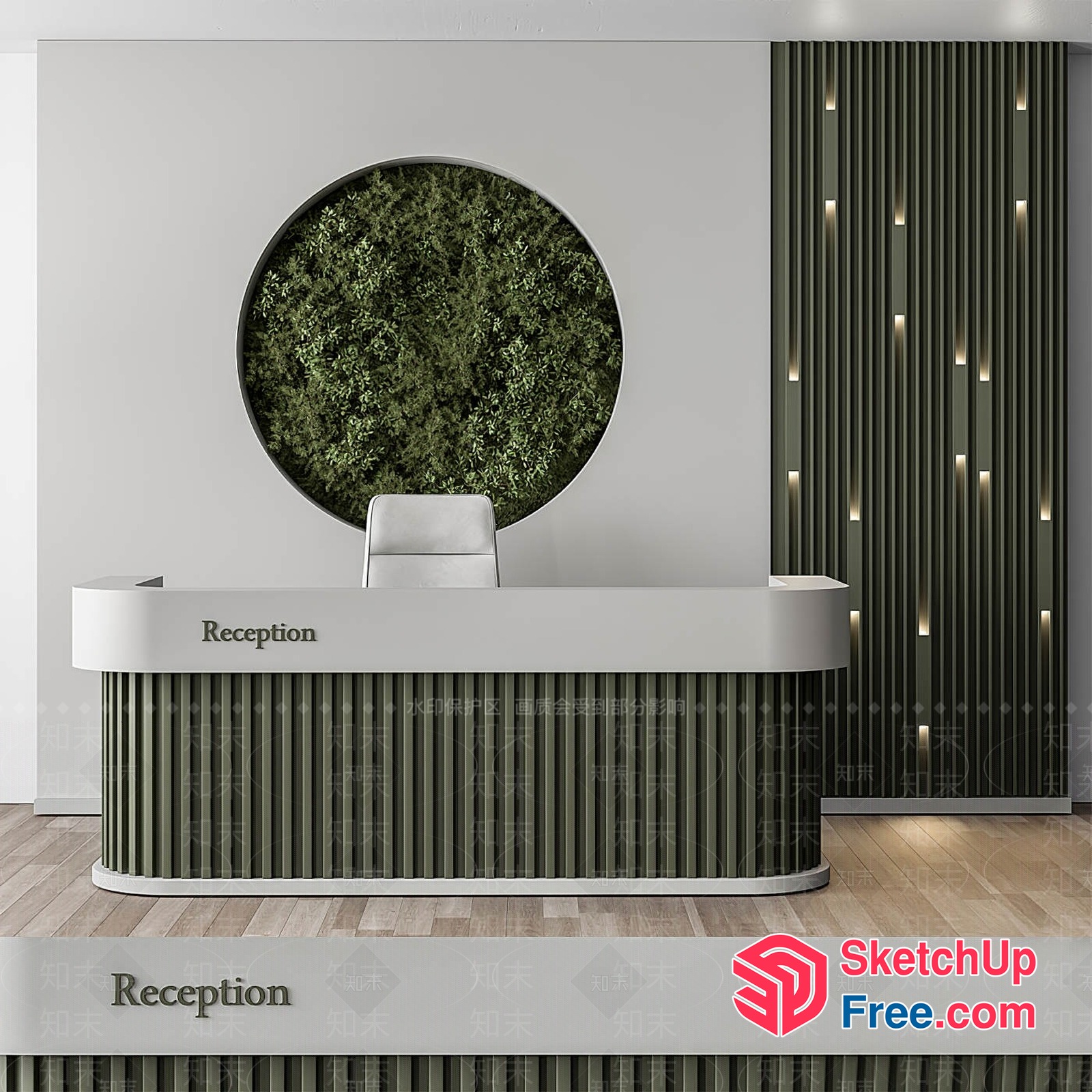 Modern Reception Desk With Green Wall And White Walls 3D SketchUp File