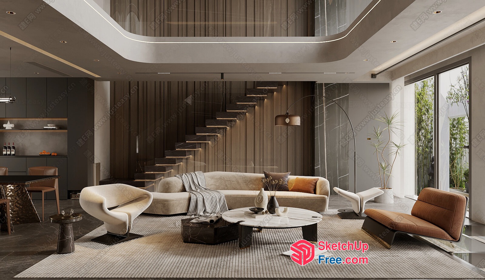 Modern Minimalist Living Room Design With Elegant Staircase 3D SketchUp File