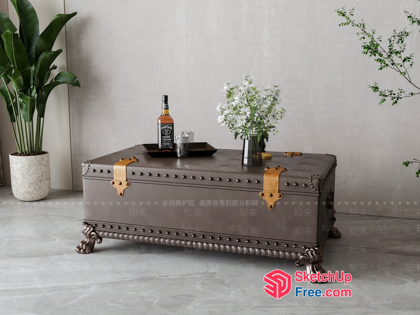 Vintage Leather Coffee Table With Ornate Metal Details 3D SketchUp File
