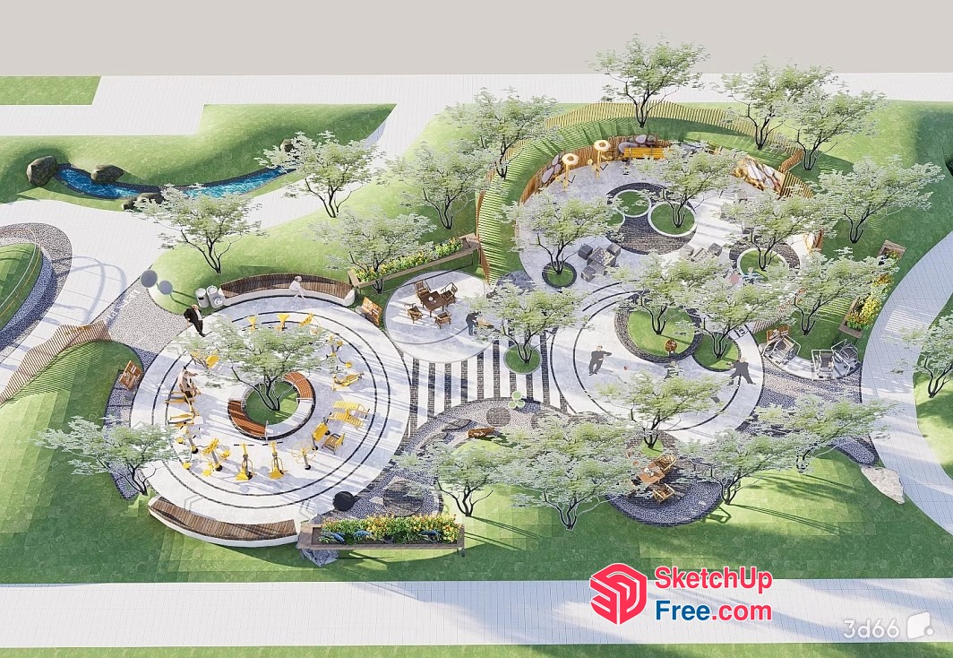 Modern Outdoor Gathering Space With Trees And Seating 3D SketchUp File