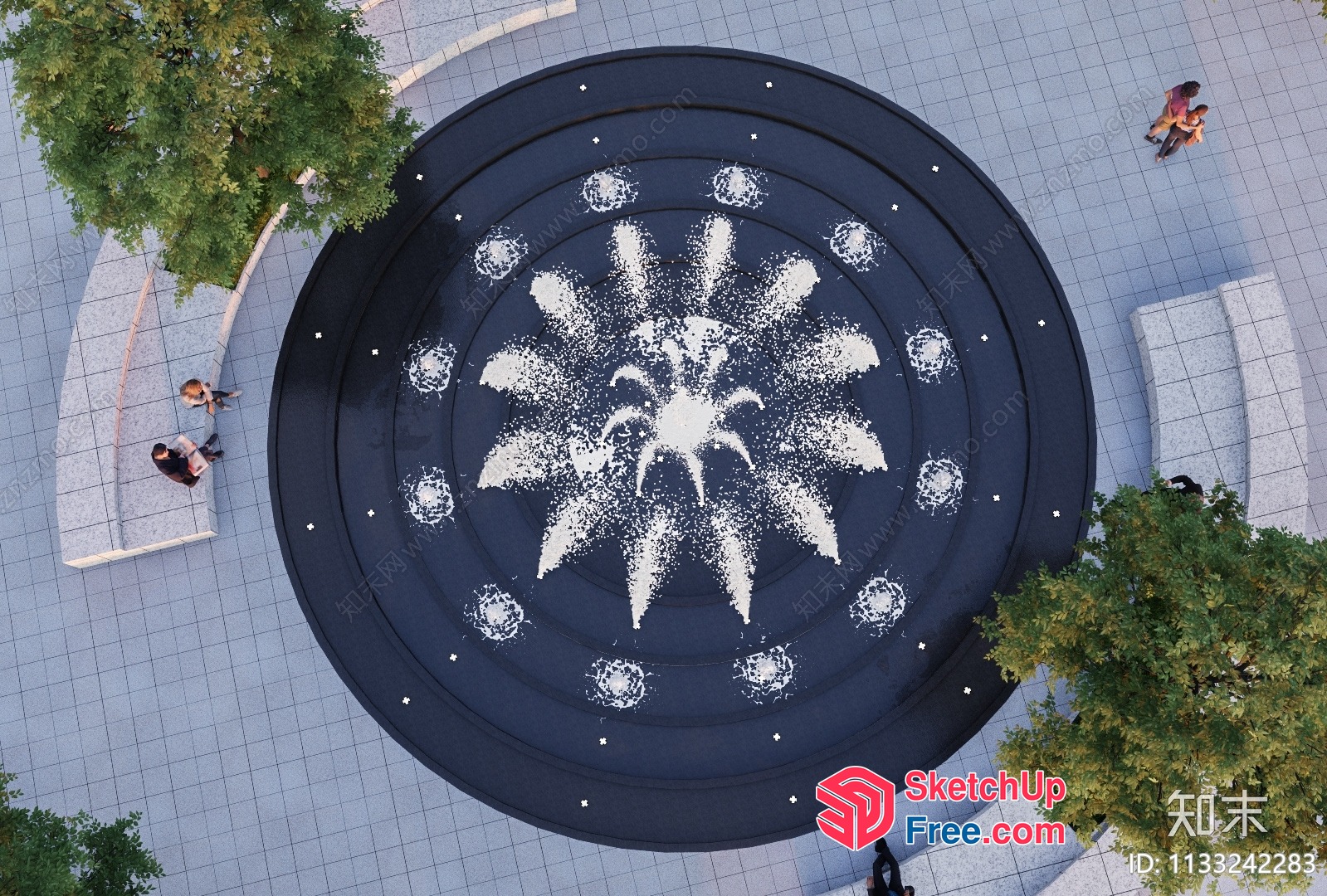 Circular Decorative Fountain With White Floral Design 3D SketchUp File