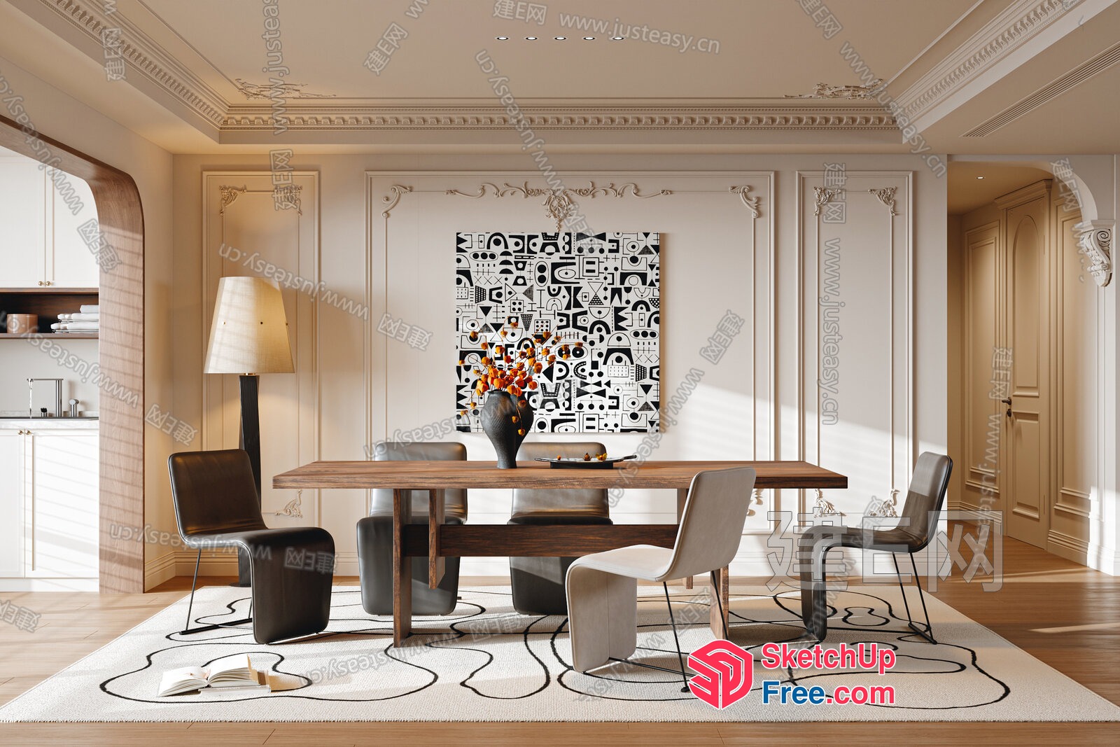 Elegant Dining Room With Classic Moulding And Modern Furniture 3D SketchUp File