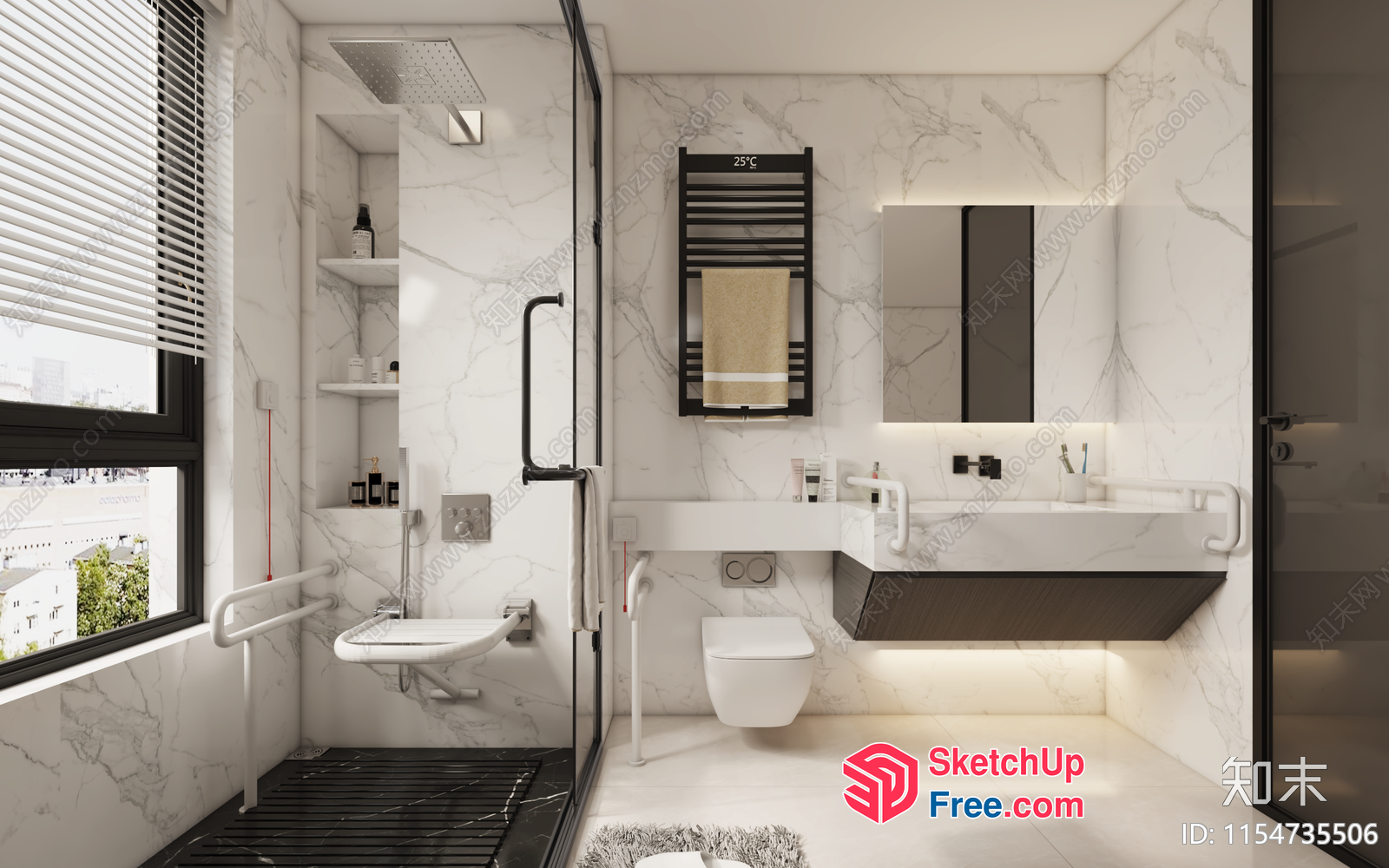 Modern Bathroom With Glass Shower And Marble Walls 3D SketchUp File