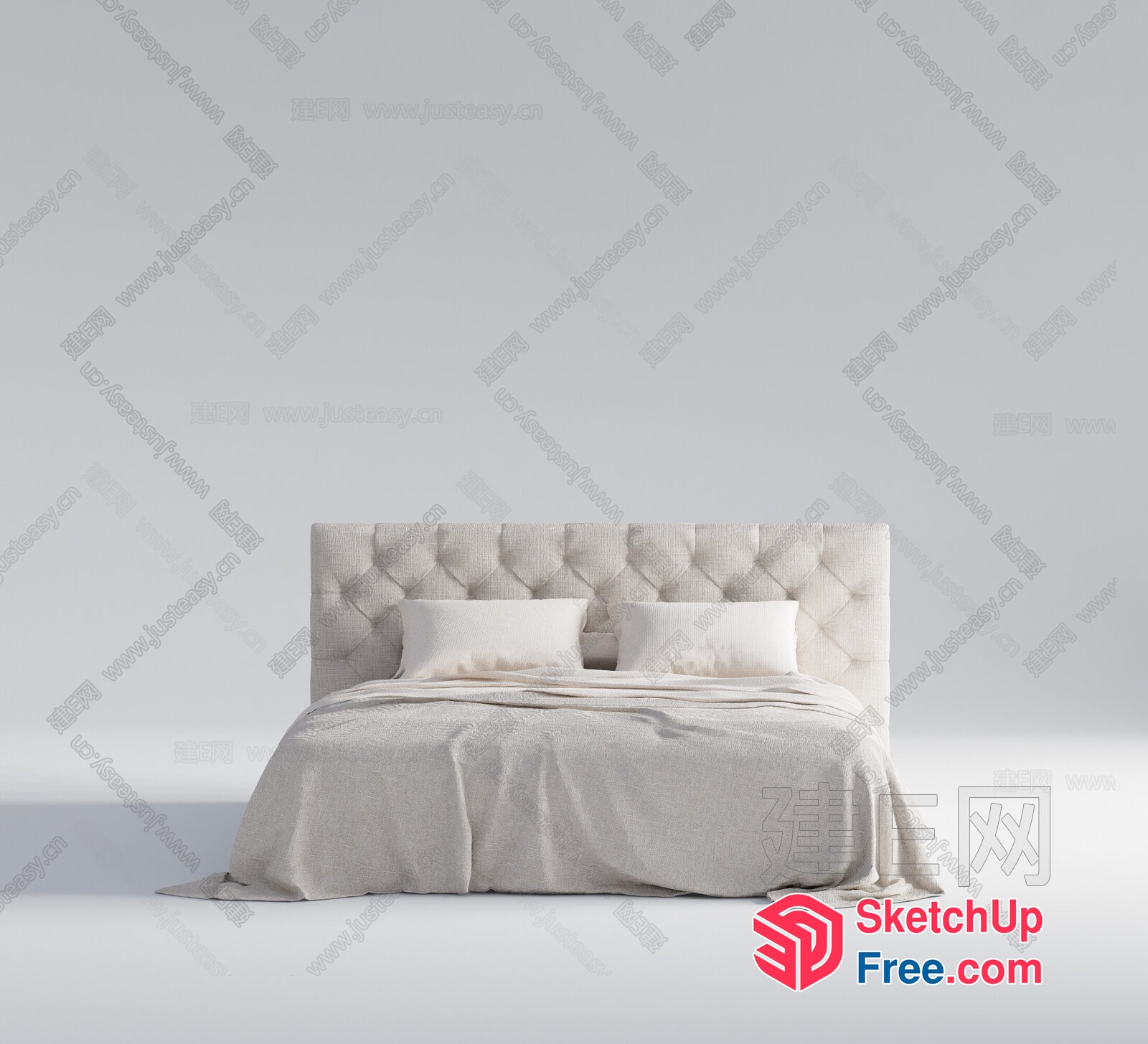 Elegant White Bed With Upholstered Headboard And Matching Pillows 3D SketchUp File