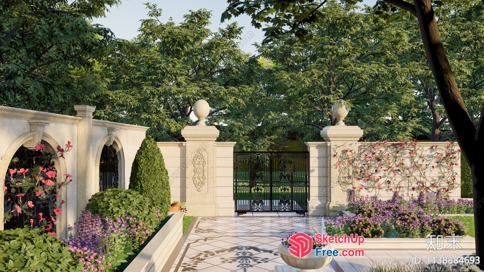 Elegant White Pillars And Gate In A Lush Garden 3D SketchUp File