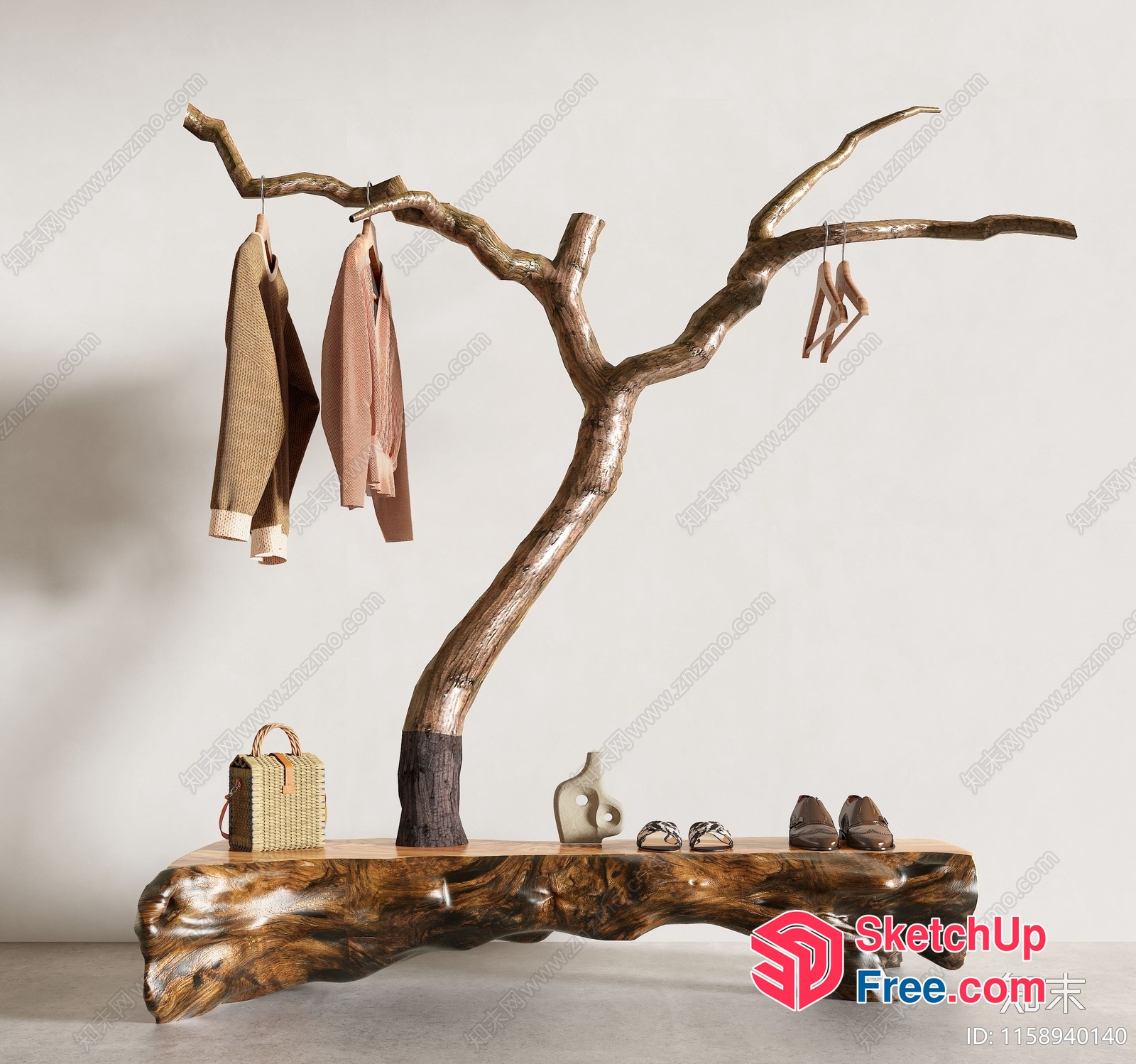 Rustic Wooden Tree-Shaped Console Table With Hanging Clothes 3D SketchUp File