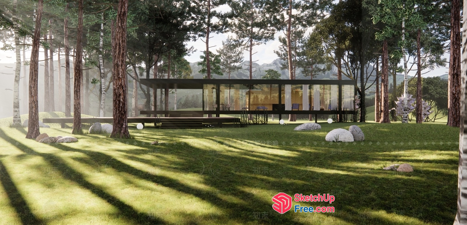 Modern Glass House In The Woods 3D SketchUp File