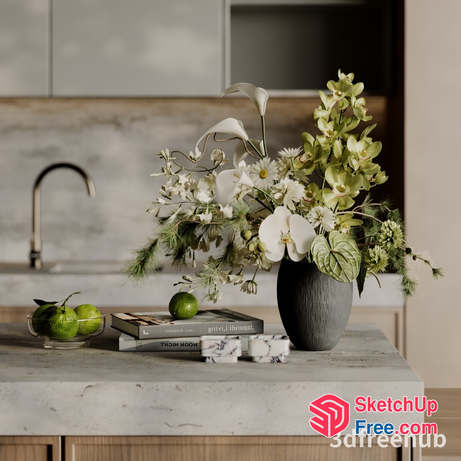 Modern Minimalist Kitchen Decor With White Flowers 3D SketchUp File