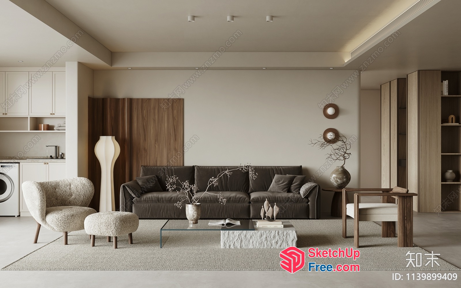 Minimalist Japanese Style Living Room With Creamy Sofa 3D SketchUp File