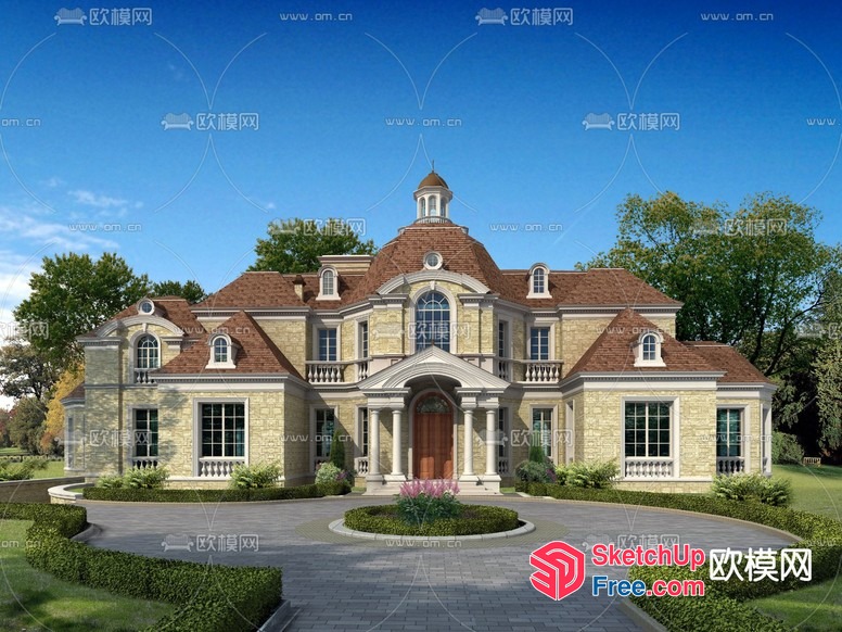 Grand Mansion With Ornate Facade And Landscaped Courtyard 3D SketchUp File