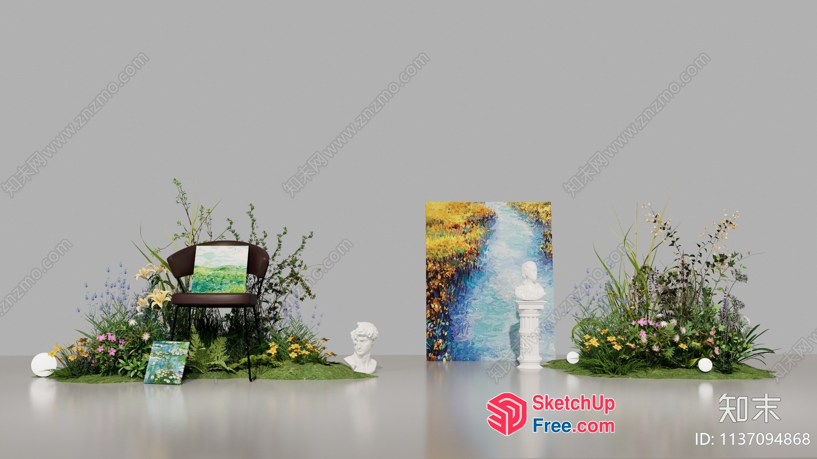 Vibrant Floral And Pillar Interior Scene 3D SketchUp File