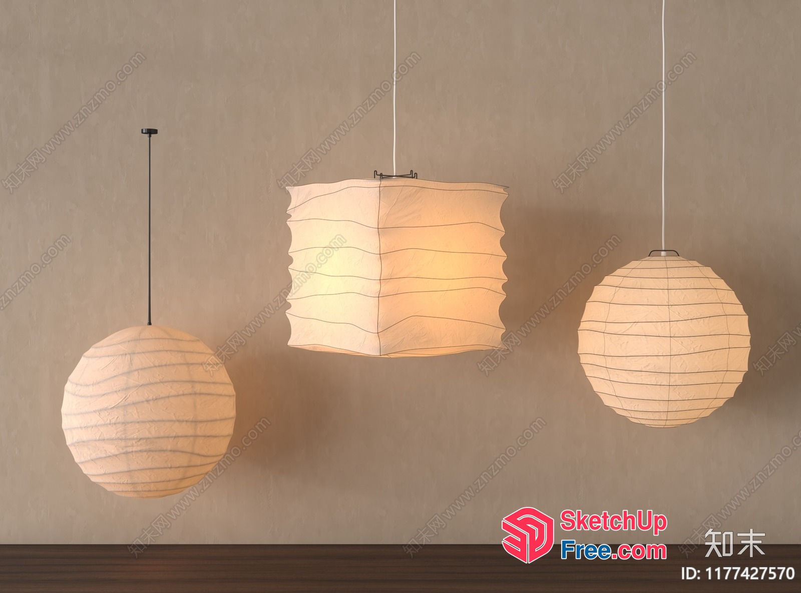 Three Hanging Japanese-Style Lanterns In A Room 3D SketchUp File