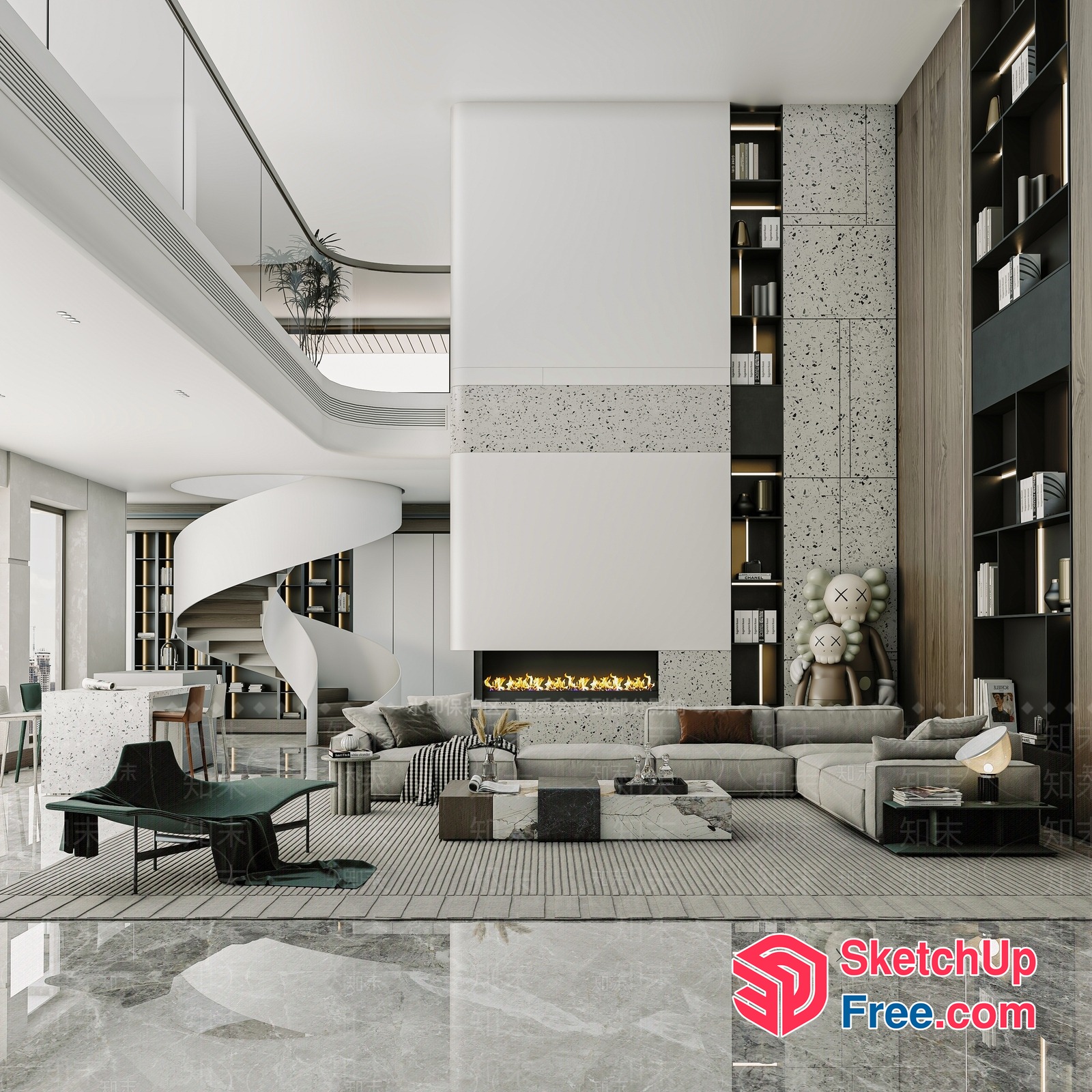 Modern Living Room With Spiral Staircase And Fireplace 3D SketchUp File