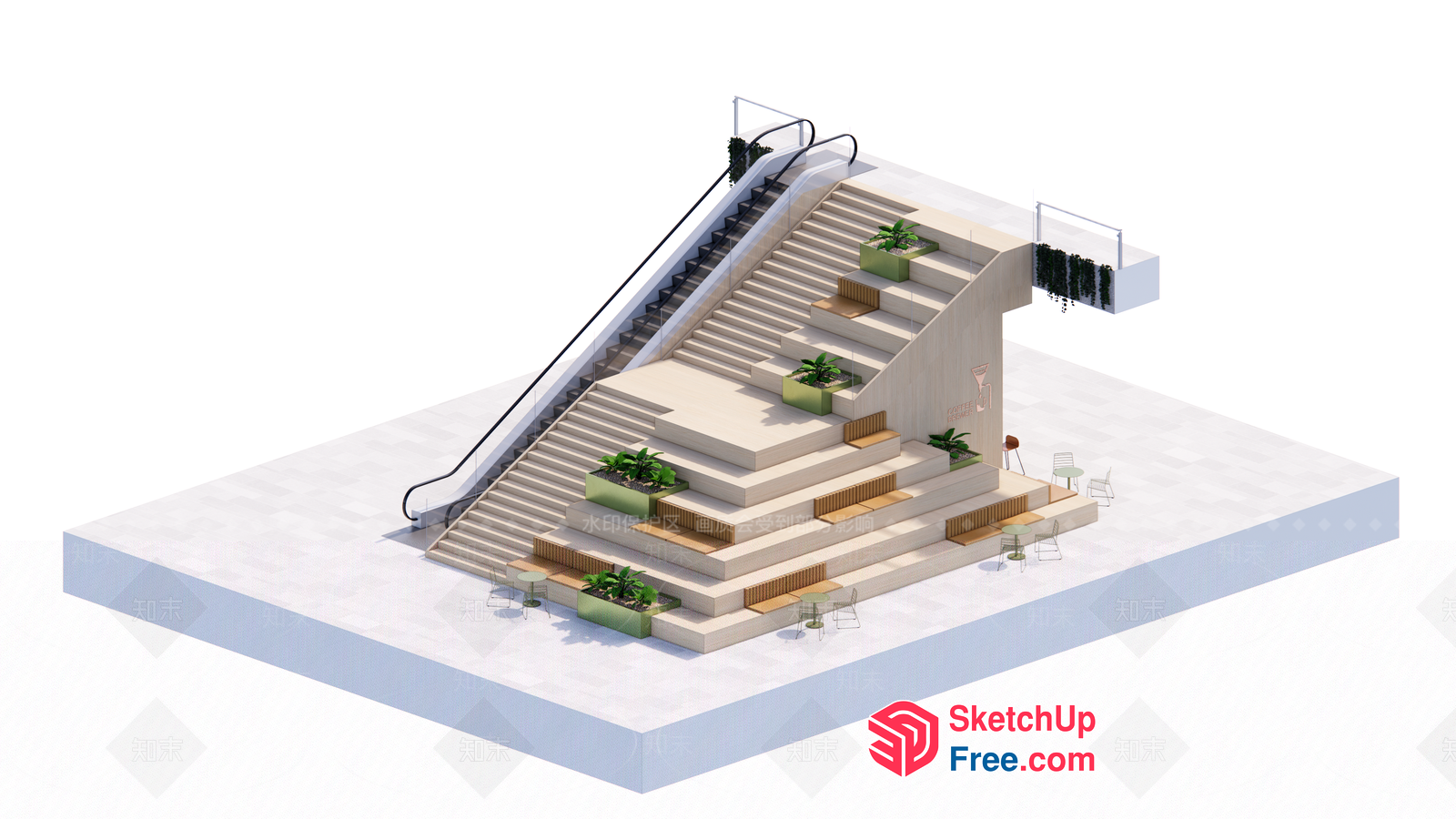 Modern Staircase With Elevator And Greenery 3D SketchUp File