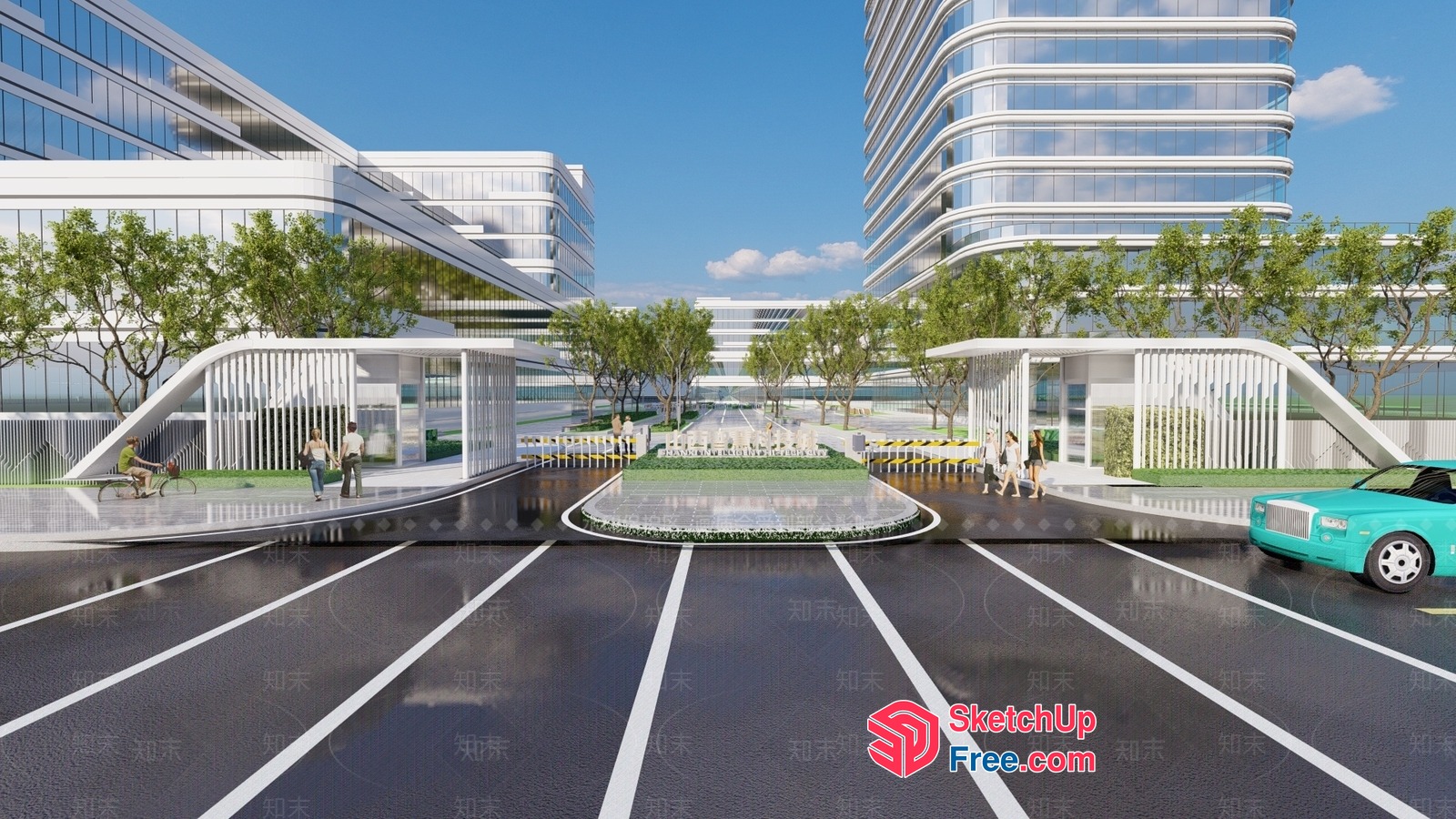 Modern Office Building Exterior With Glass Curtain Wall And Parking Lot 3D SketchUp File