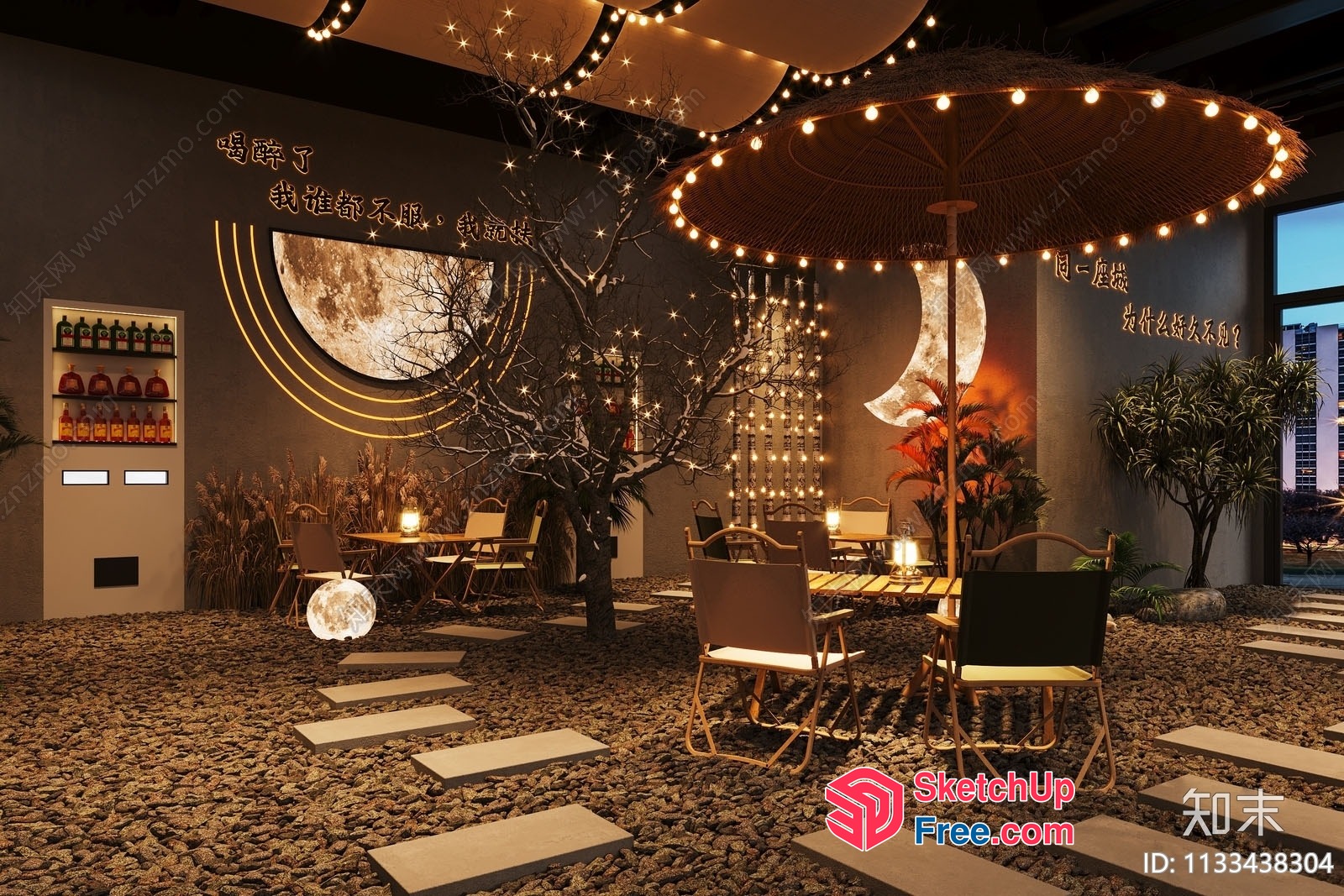 Moonlit Night Restaurant Interior 3D SketchUp File