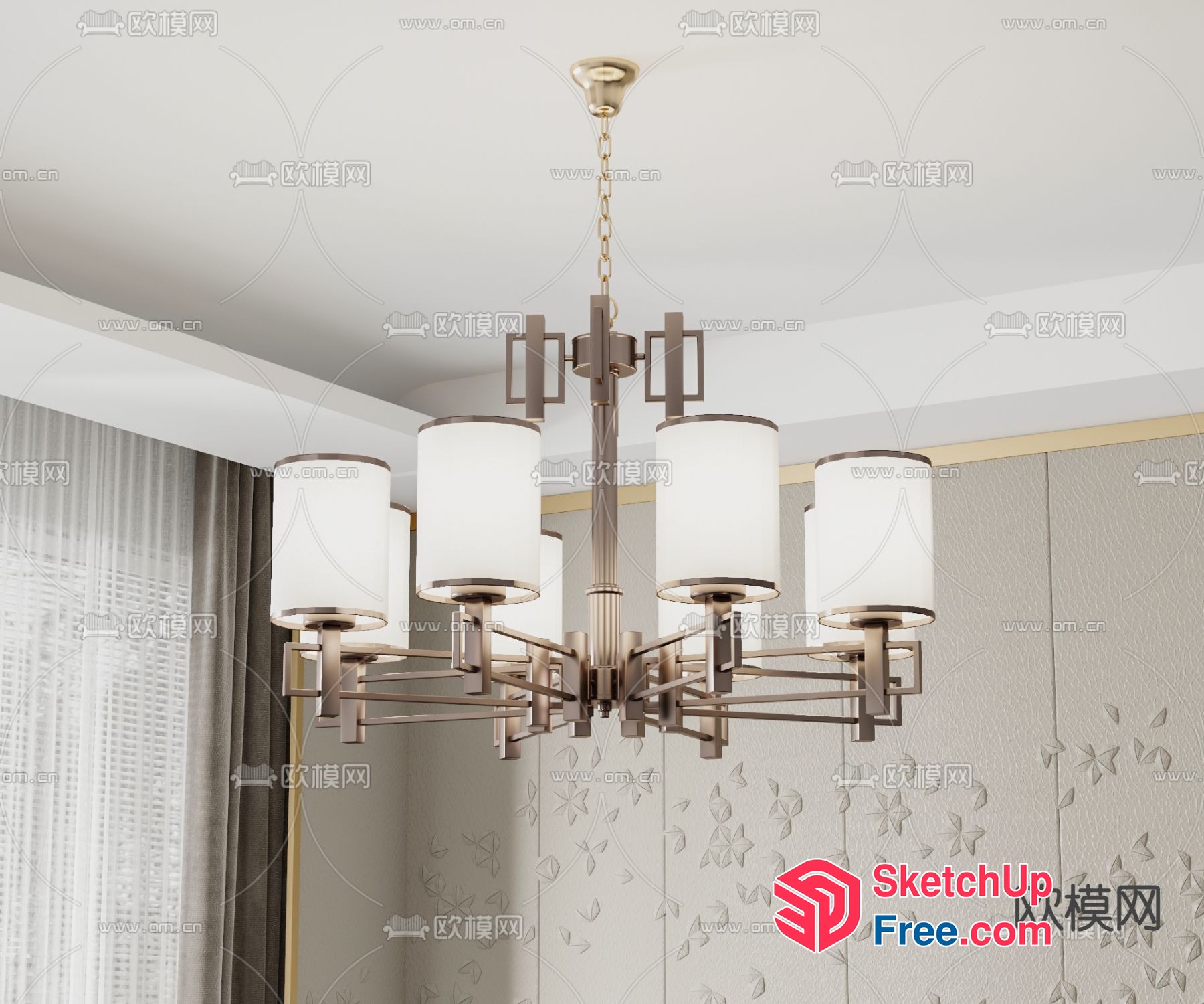 Elegant Chandelier With White Shades And Gold Accents 3D SketchUp File