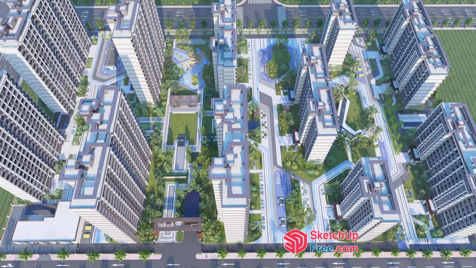 Modern Urban Complex With Green Spaces And Buildings 3D SketchUp File