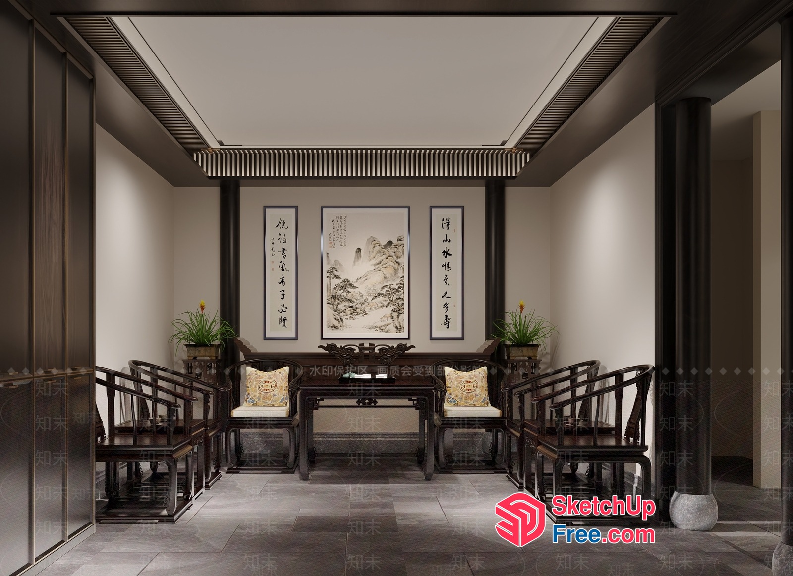 Traditional Chinese-Inspired Living Room Interior 3D SketchUp File