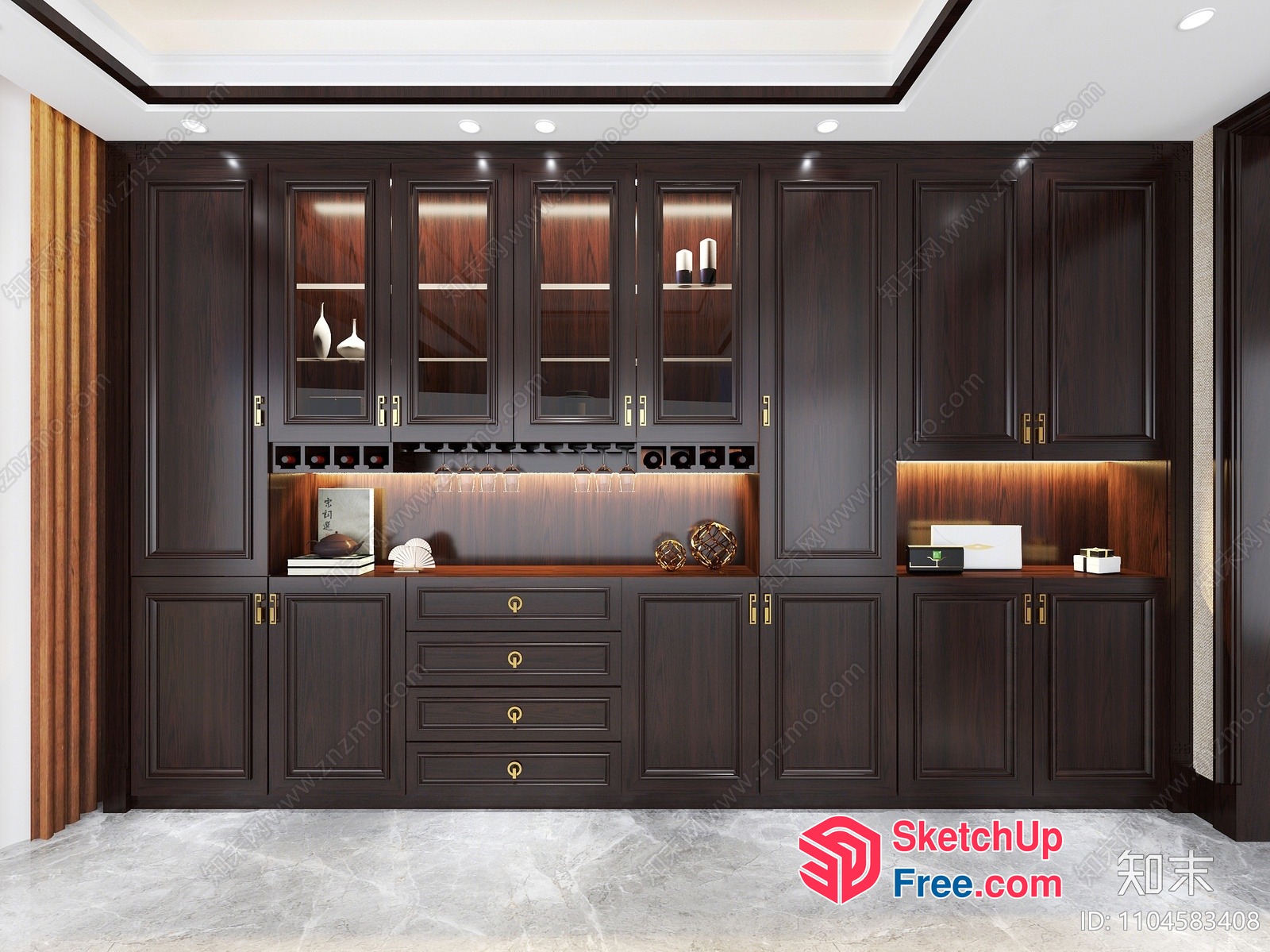 Elegant Dark Wood Pantry With Gold Hardware 3D SketchUp File