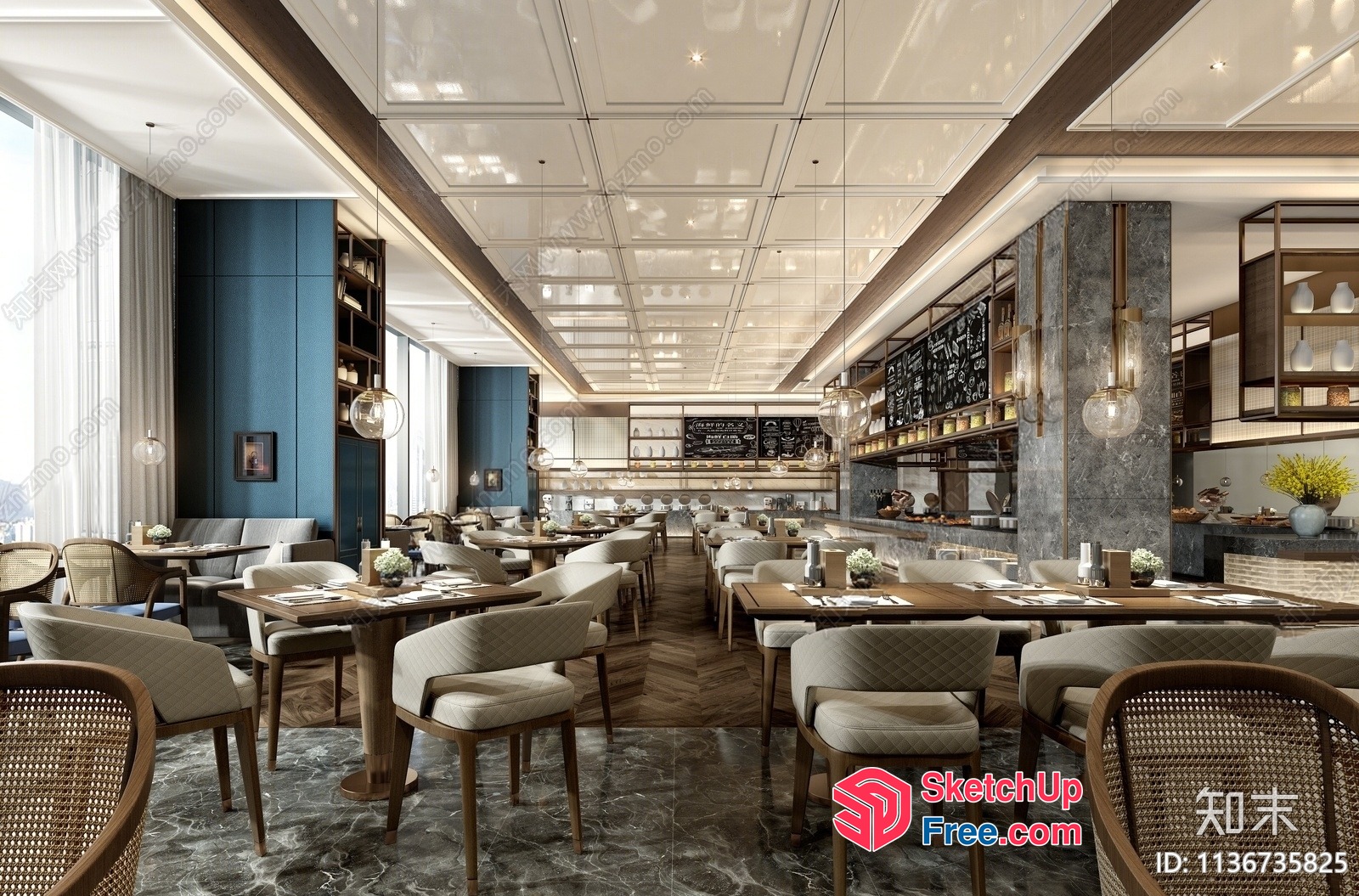 Modern Restaurant Interior With Elegant Furniture And Lighting 3D SketchUp File