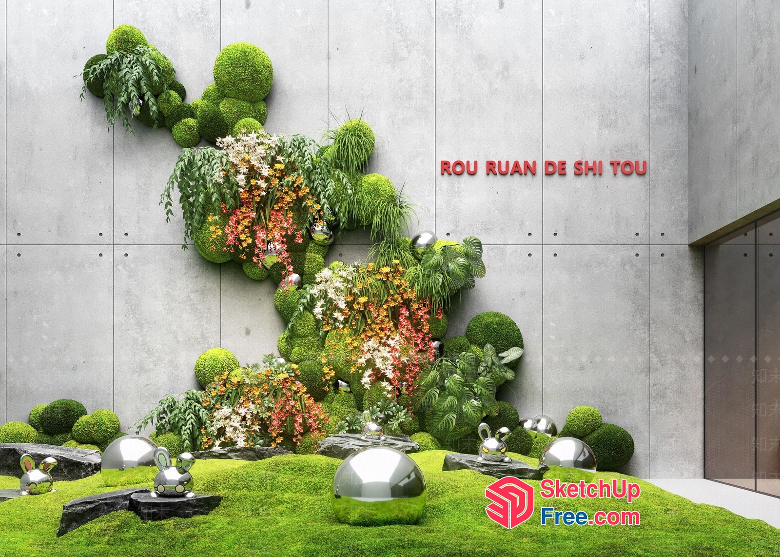 Modern Concrete Wall With Vibrant Greenery And Decorative Metal Sculptures 3D SketchUp File
