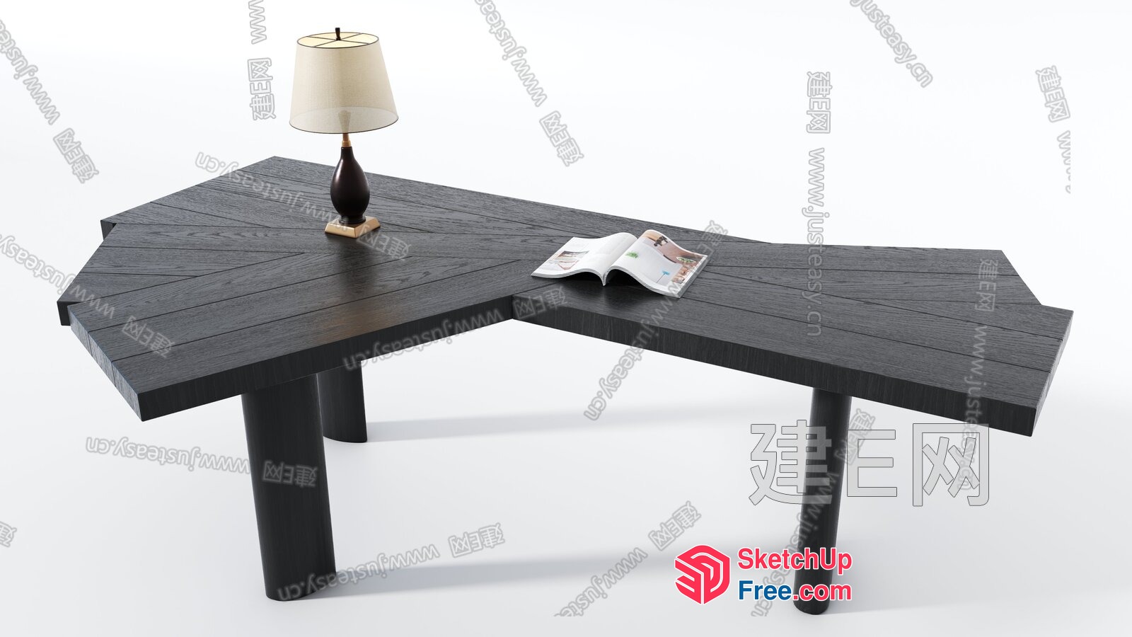 Dark Wood L-Shaped Table With Lamp 3D SketchUp File