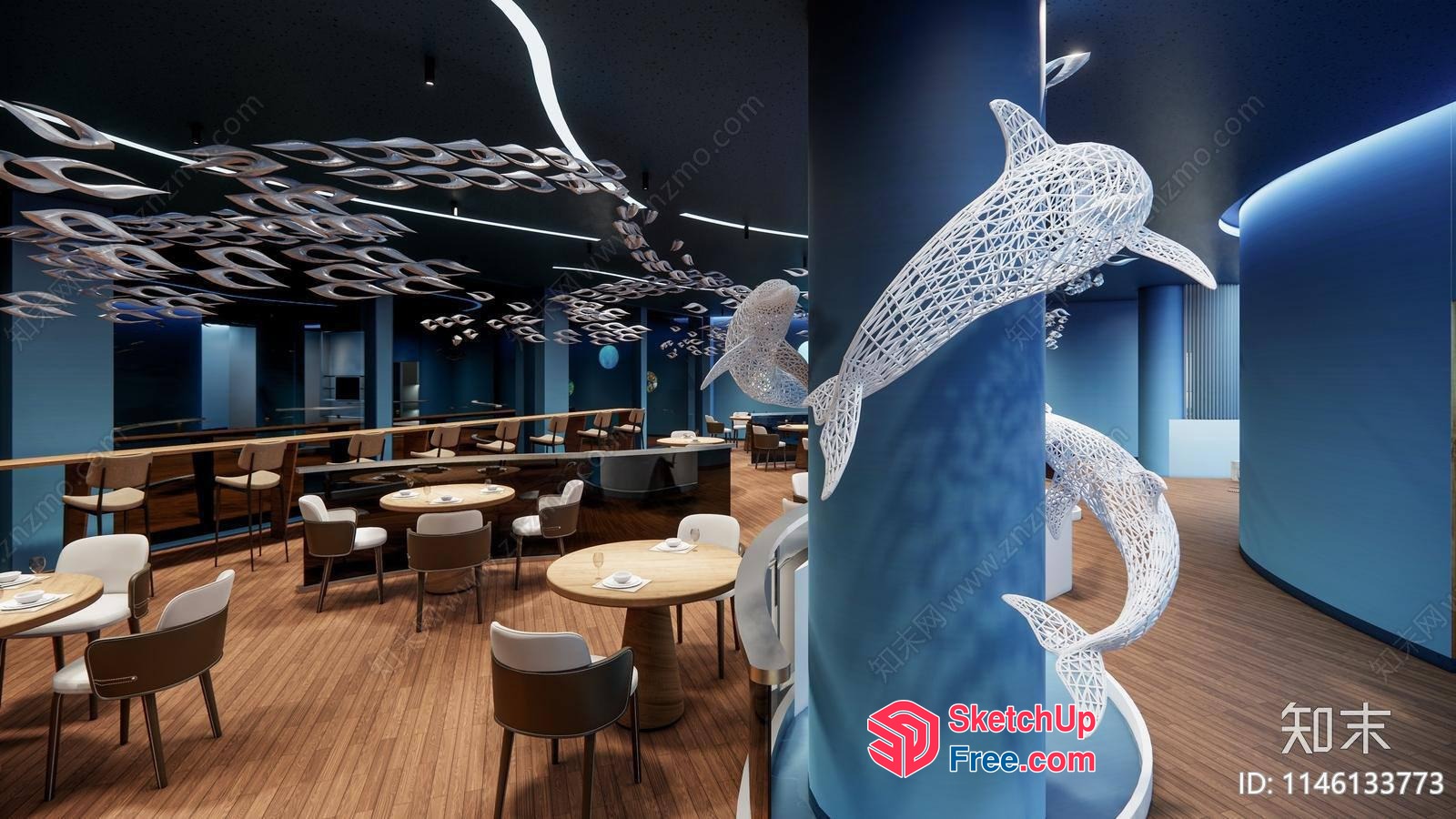 Modern Ocean-Theme Restaurant With Whales Decor 3D SketchUp File