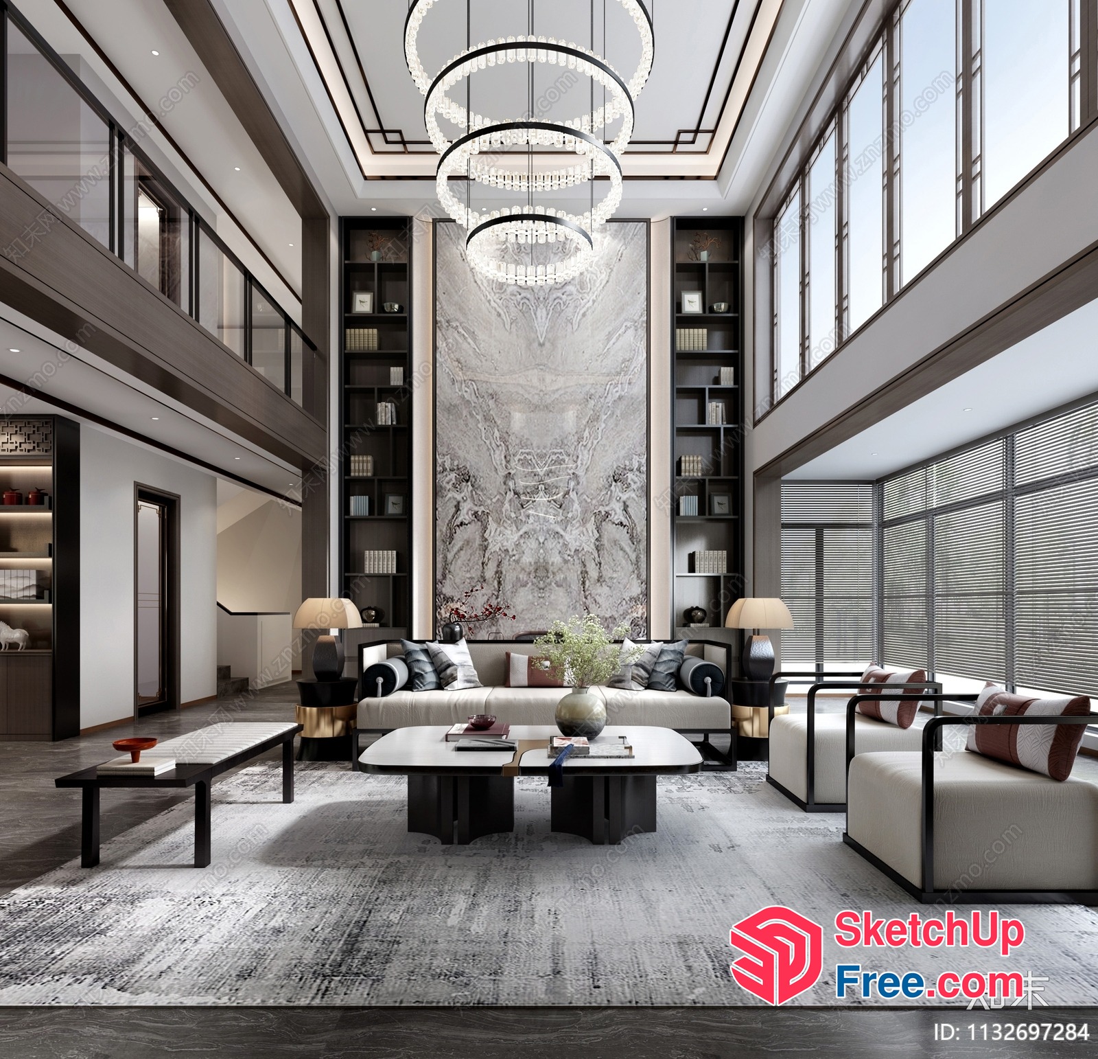 Modern Living Room With High Ceiling And Large Windows 3D SketchUp File