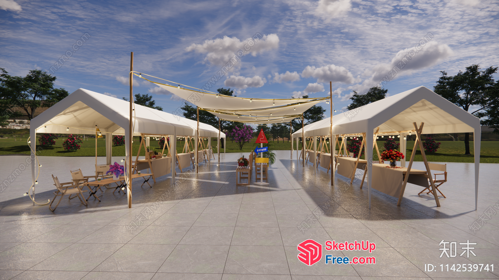 Outdoor Event Space With White Canopies And String Lights 3D SketchUp File