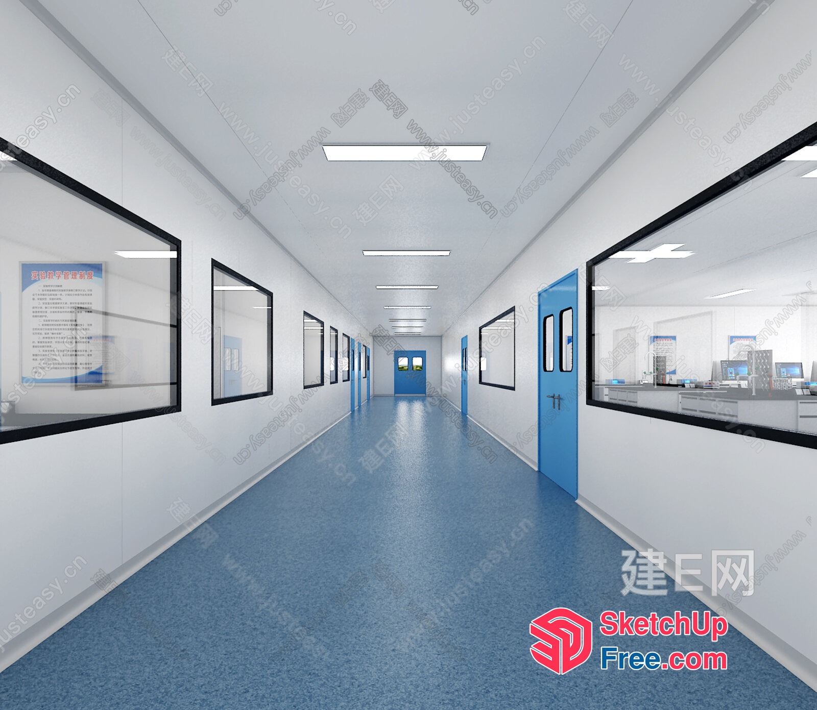 Long Hallway With Blue Floor And White Walls 3D SketchUp File