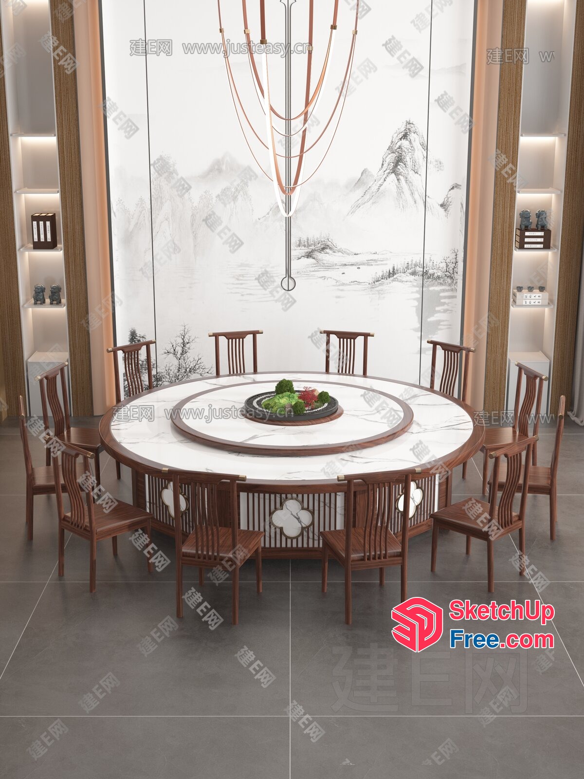 Circular Dining Table With Marble Top And Wooden Chairs 3D SketchUp File