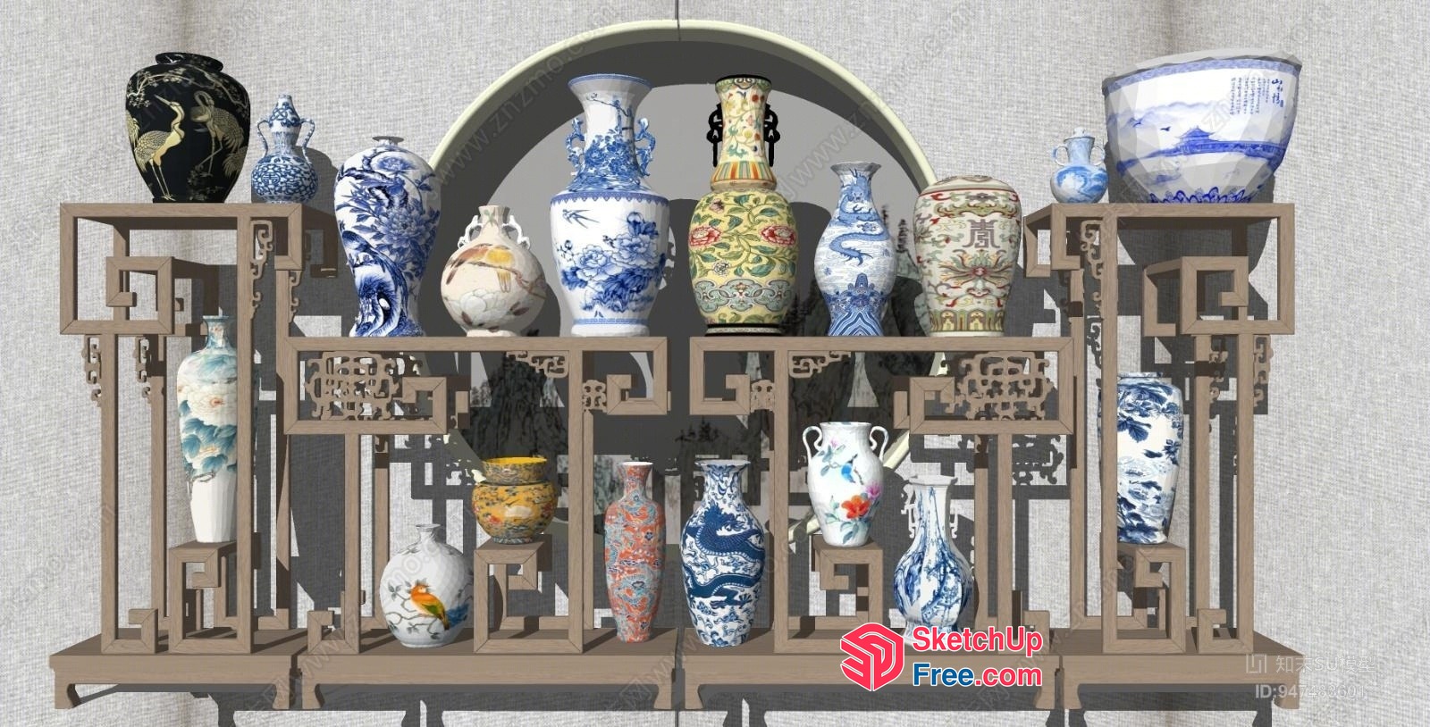 Ornate Display Of Traditional Chinese Vases On Decorative Shelves 3D SketchUp File