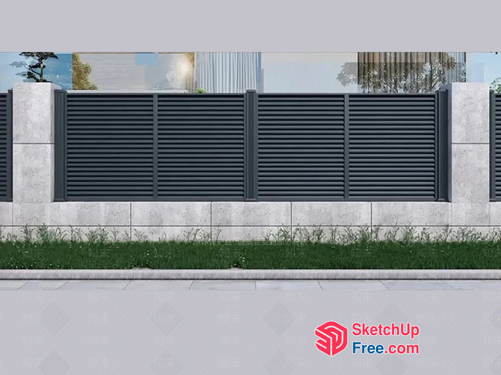 Exterior Decorative Wall With Black Slatted Panels And Concrete Pillars 3D SketchUp File