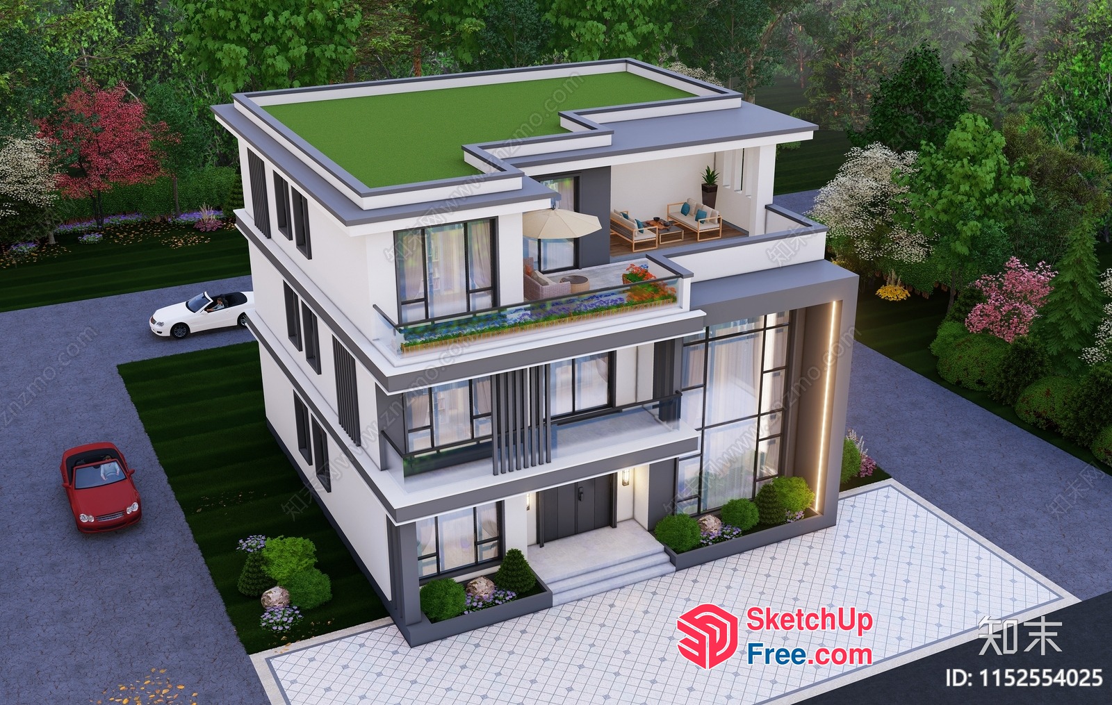Modern Villa With Balcony And Parking 3D SketchUp File