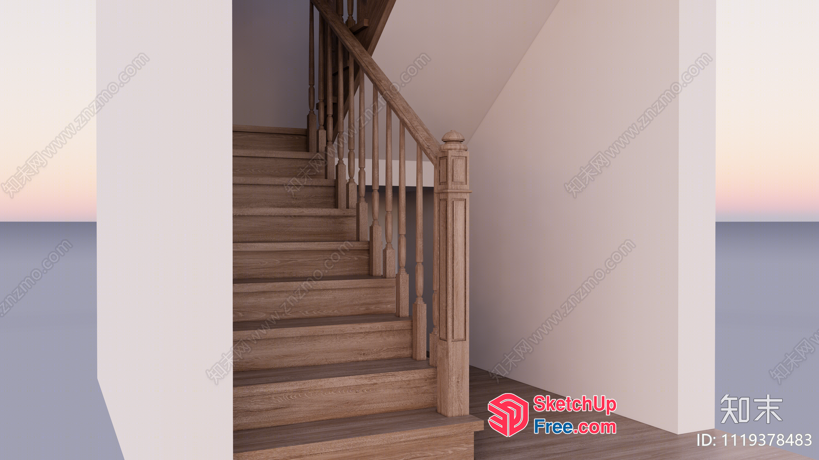 Staircase With Wooden Railing And Posts 3D SketchUp File