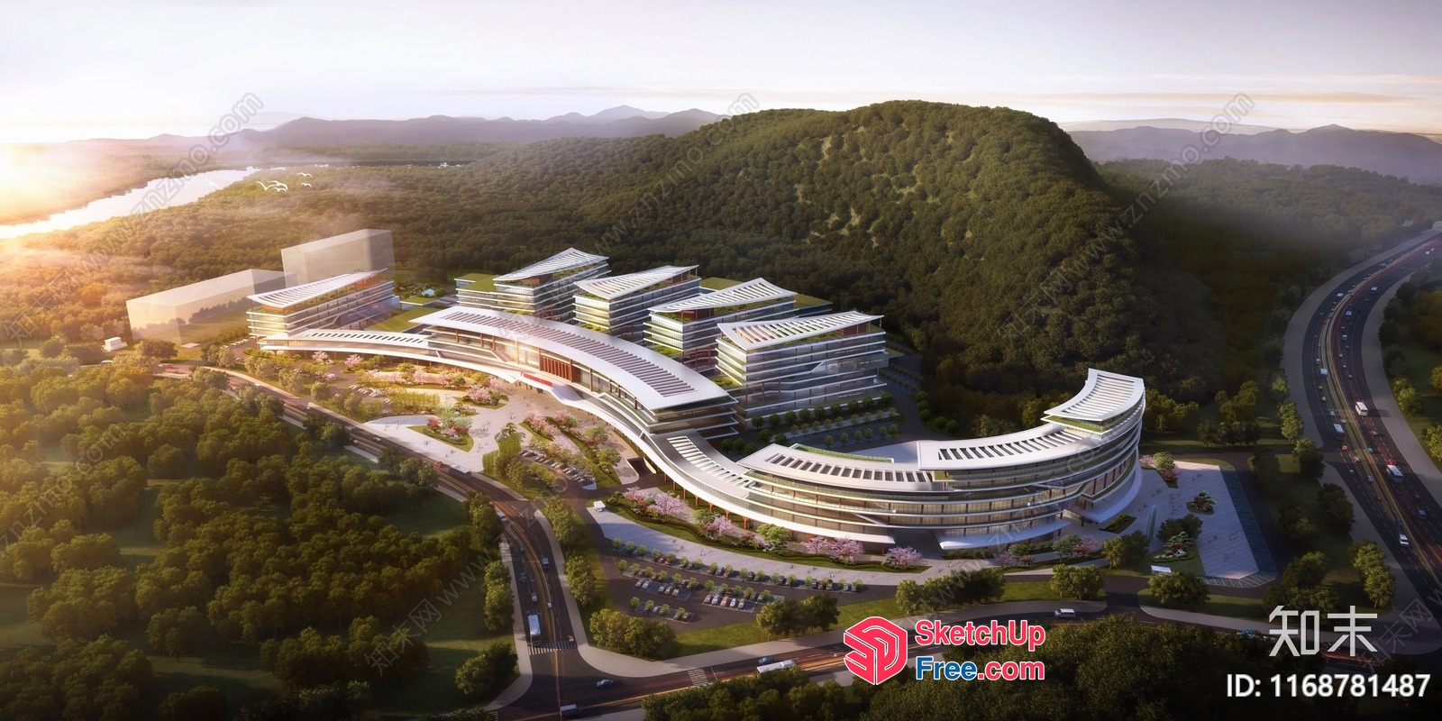 Modern Office Building With Curved Design And Green Roof 3D SketchUp File