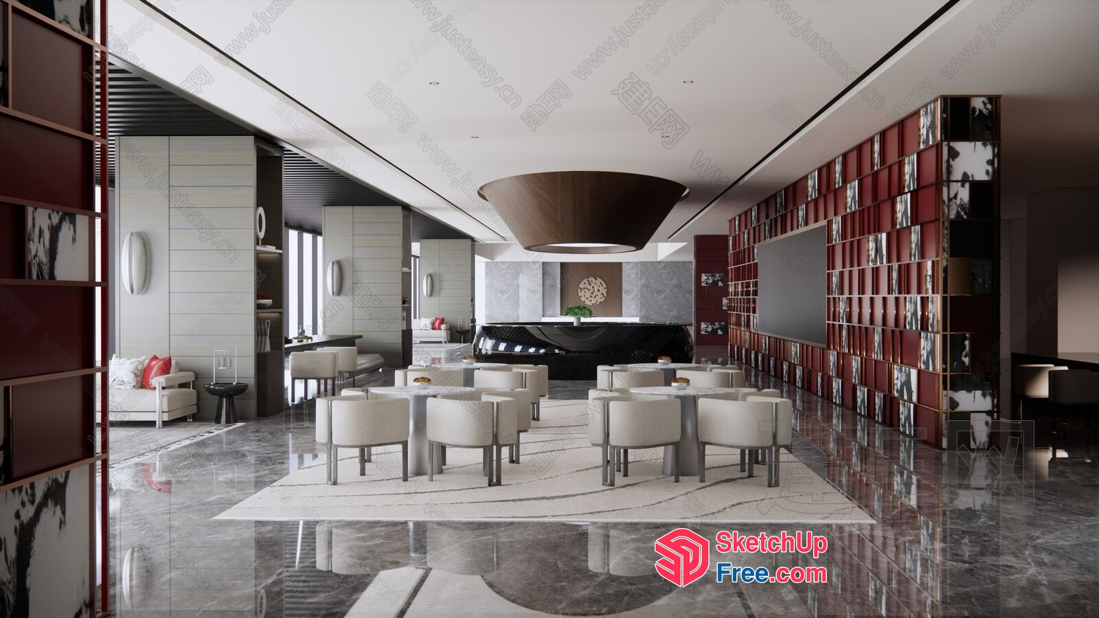 Elegant Modern Living Room Interior With White And Red Accents 3D SketchUp File