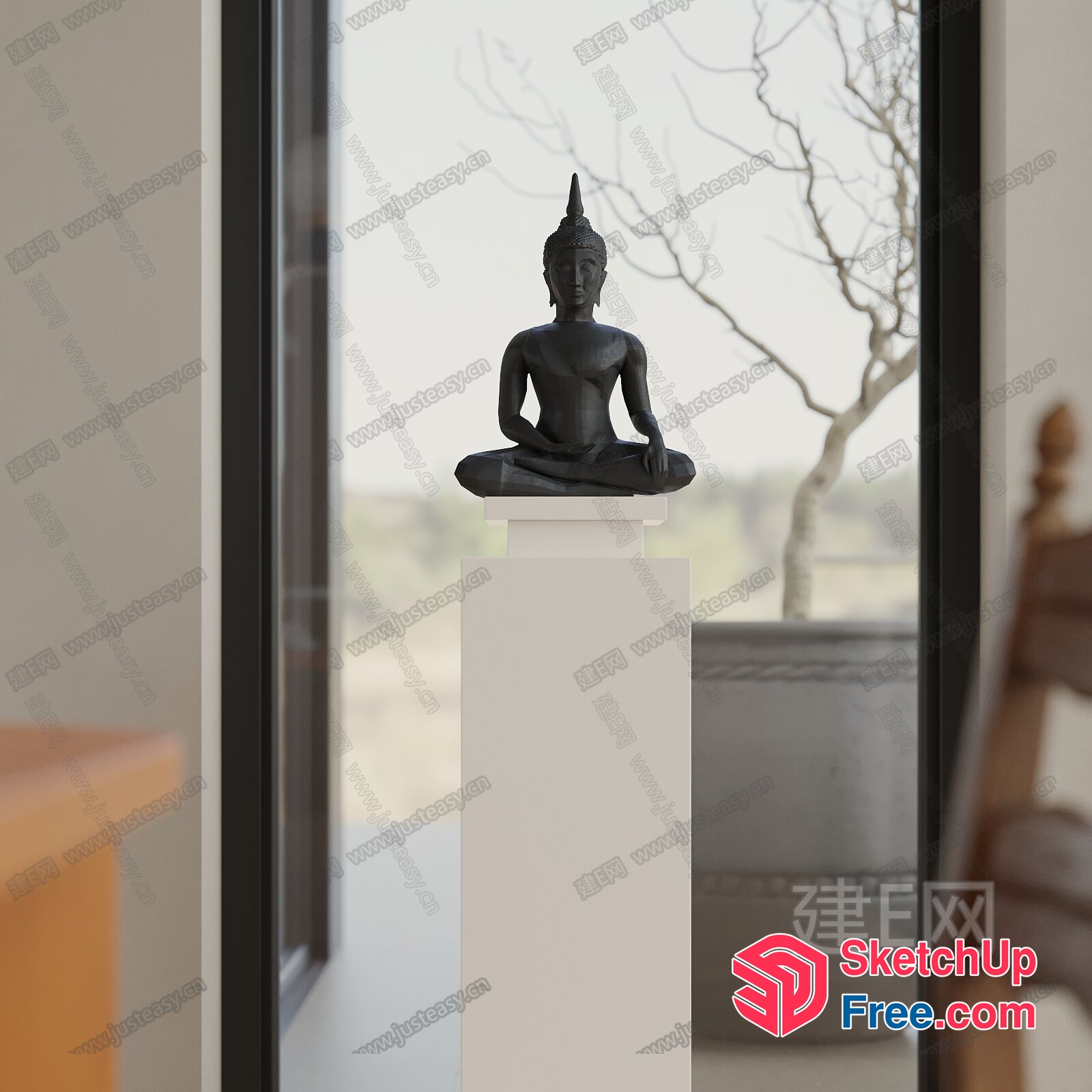 Serene Meditation Room With Buddha Statue 3D SketchUp File