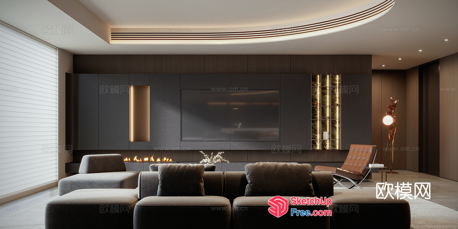 Modern Living Room With Fireplace And Tv 3D SketchUp File