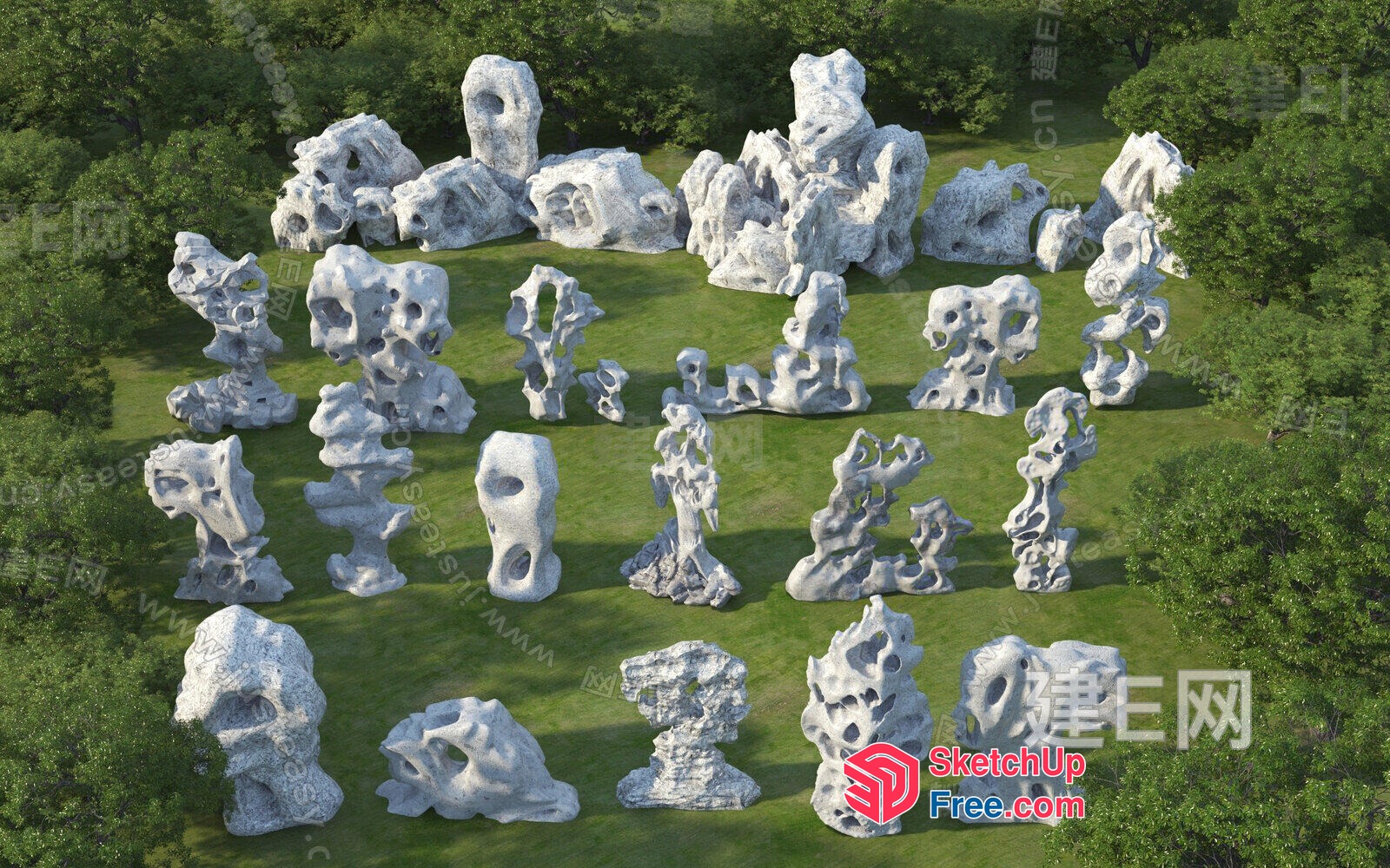 Natural Stone Arrangement In A Lush Green Grass Field 3D SketchUp File