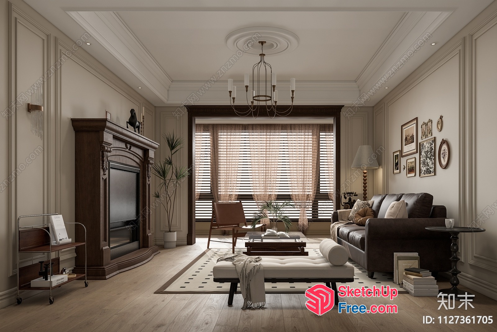 Elegant Living Room With Fireplace And Leather Sofa 3D SketchUp File