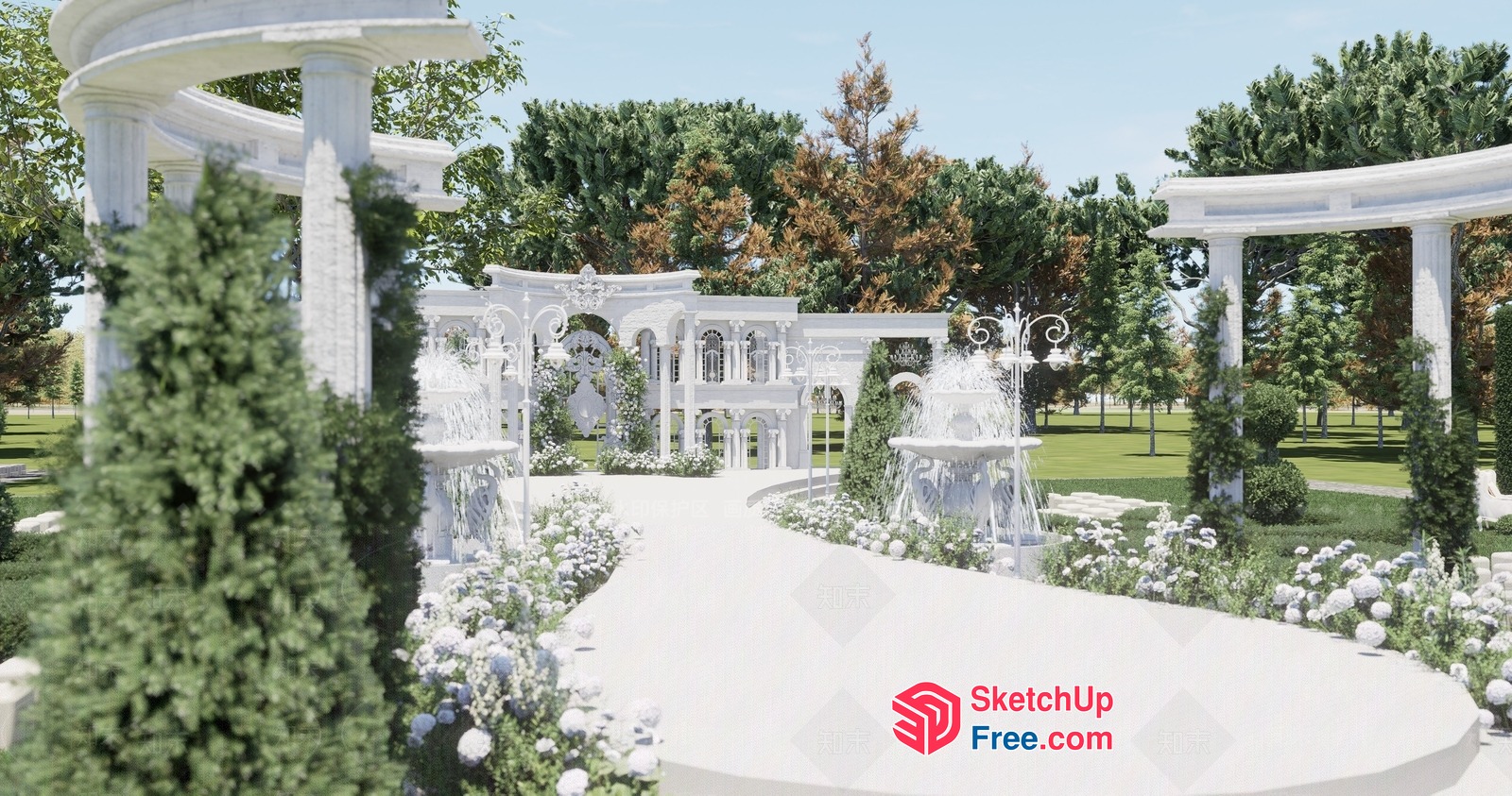 Elegant White Pillared Outdoor Garden 3D SketchUp File