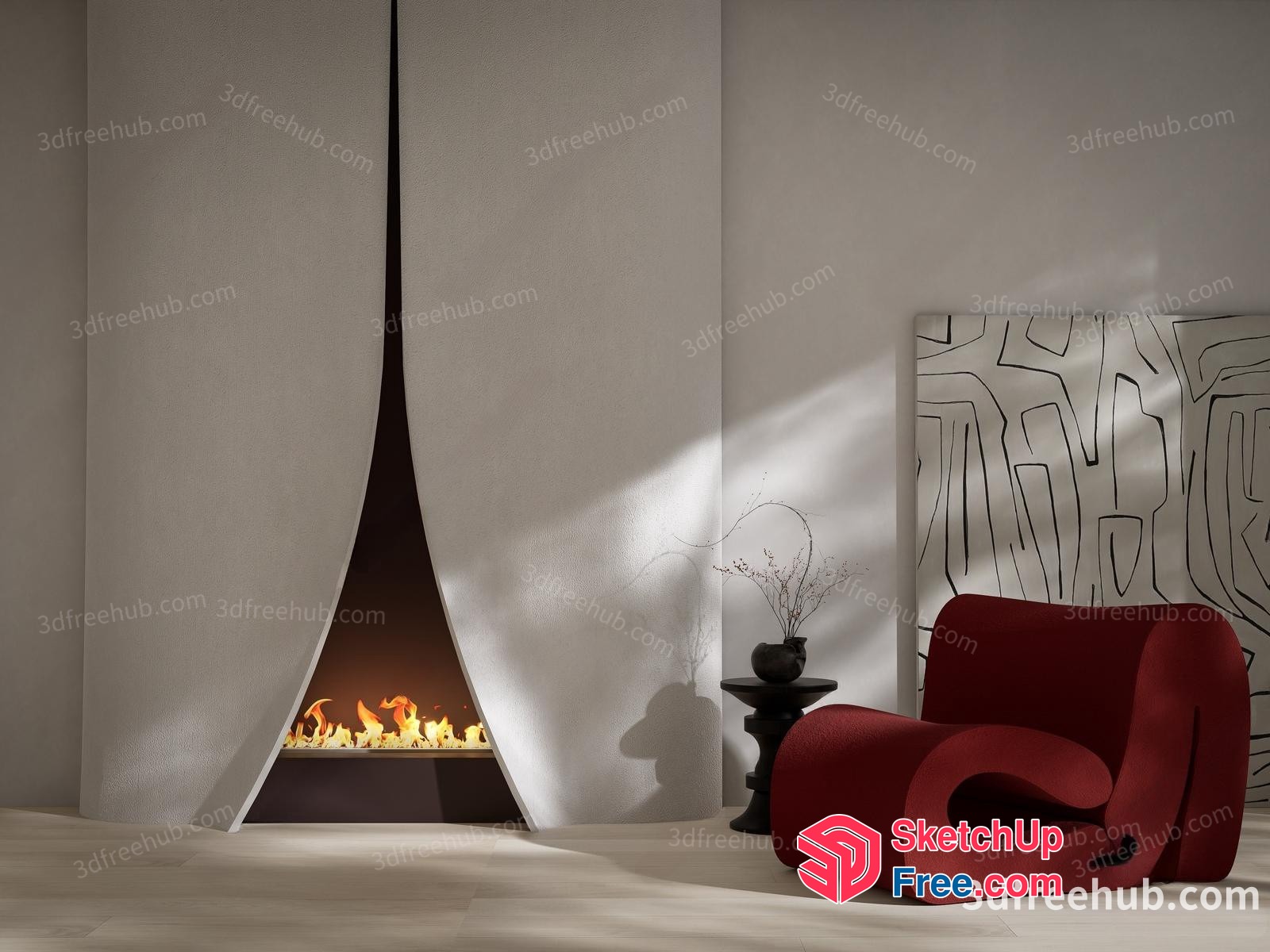 Contemporary Fireplace Design With Modern Armchair 3D SketchUp File