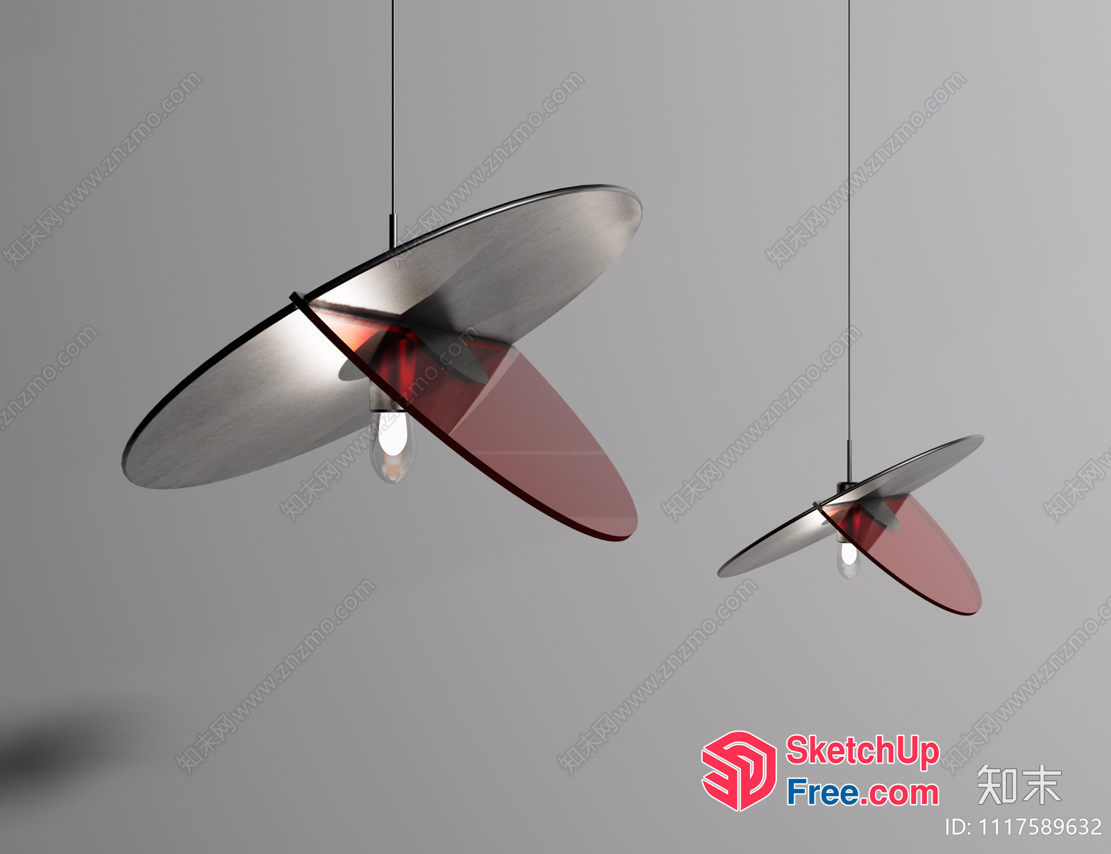 Two Hanging Light Fixtures With Red And Silver Shades 3D SketchUp File