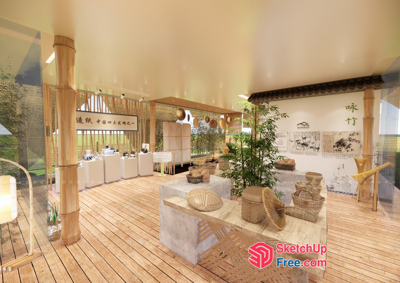 Modern Japanese-Inspired Bamboo And Wood Decorated Room 3D SketchUp File