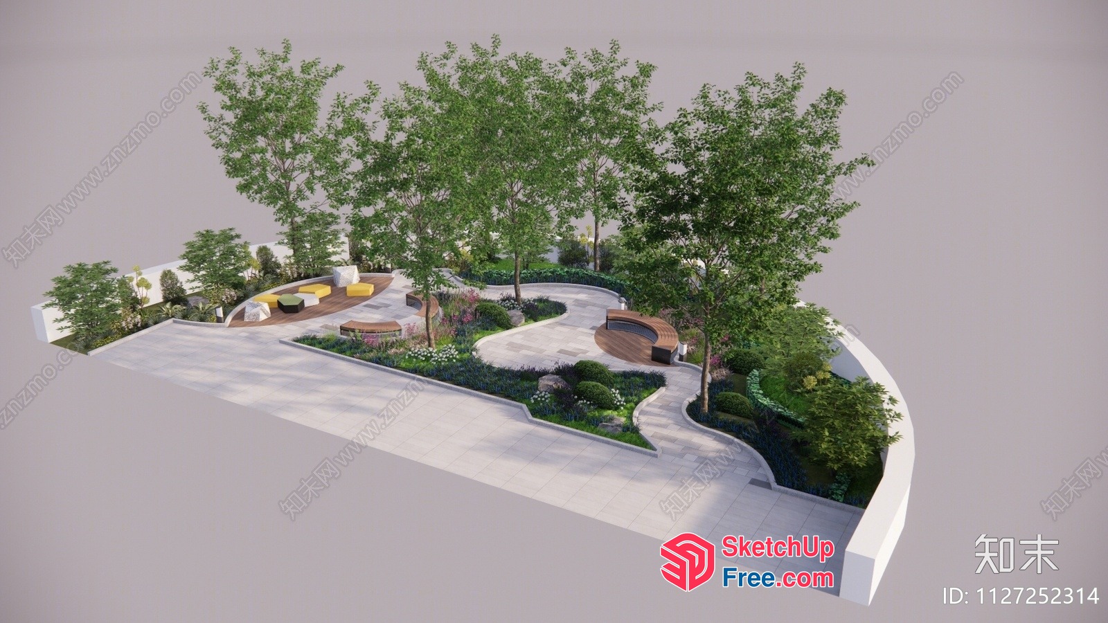 3D Rendering Of A Serene Outdoor Space With Benches And Trees 3D SketchUp File