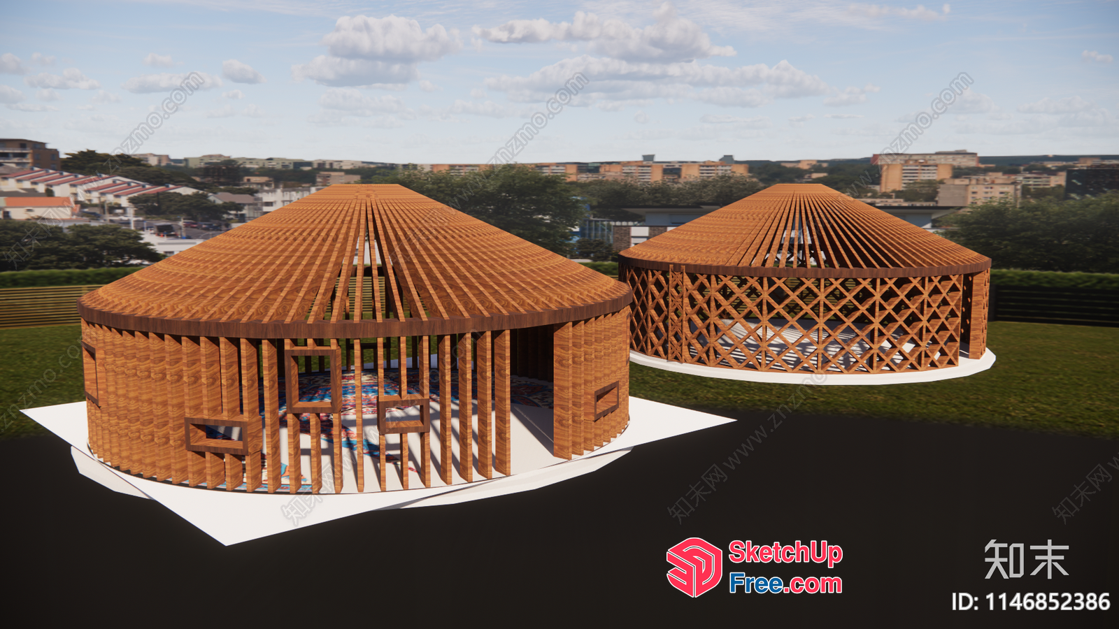 3D Model Of Two Yurts With Wooden Structures And Roof 3D SketchUp File
